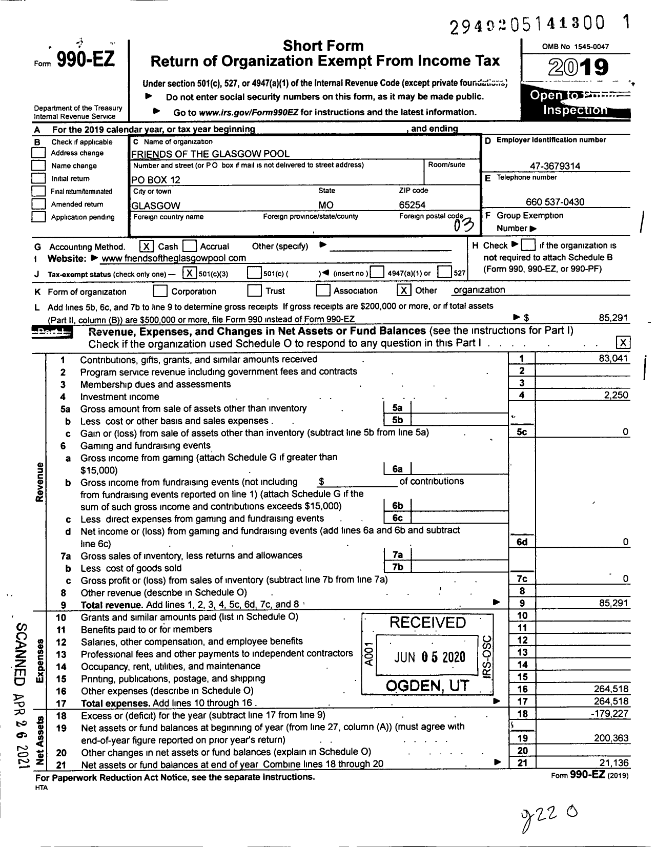 Image of first page of 2019 Form 990EZ for Friends of the Glasgow Pool