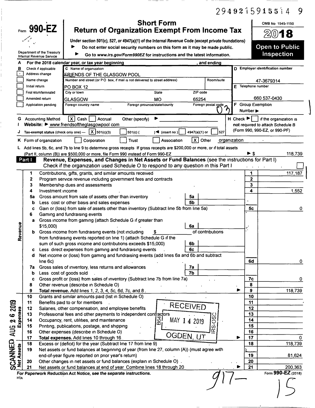 Image of first page of 2018 Form 990EZ for Friends of the Glasgow Pool