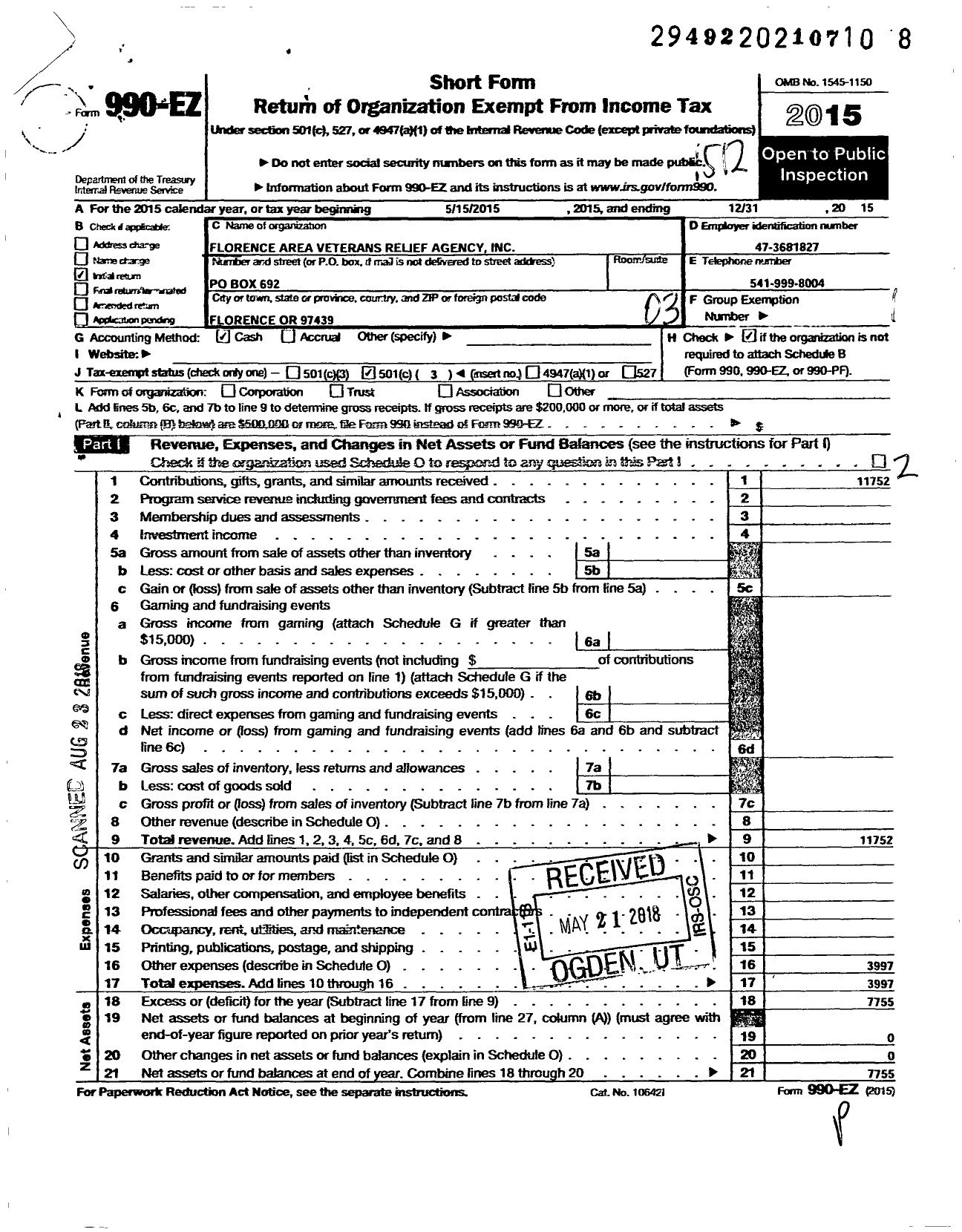 Image of first page of 2015 Form 990EZ for Florence Area Veterans Relief Agency