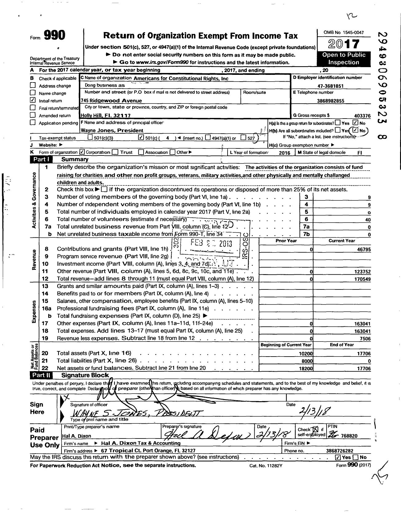 Image of first page of 2017 Form 990O for Americans for Constitutional Rights