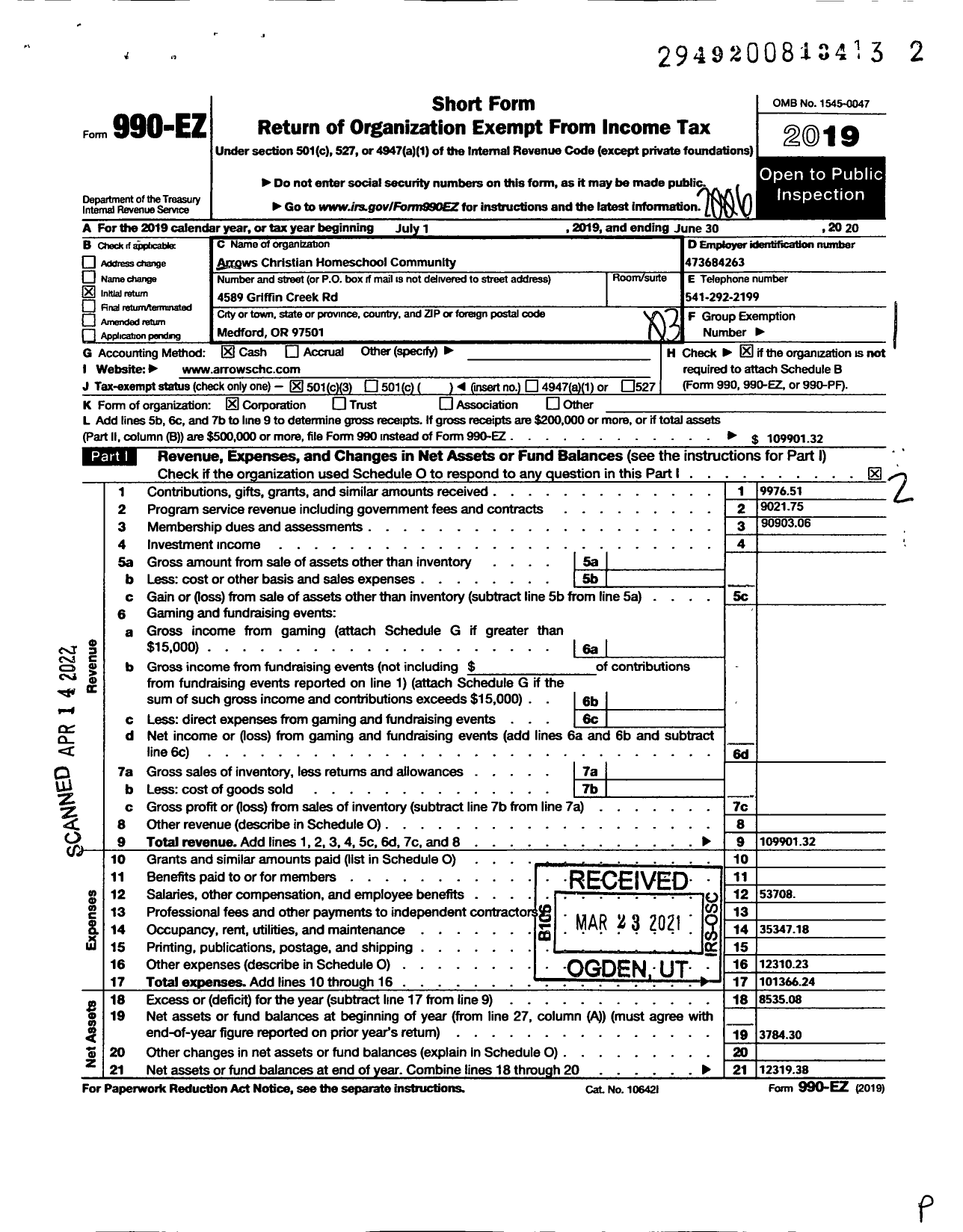 Image of first page of 2019 Form 990EZ for Arrows Christian Homeschool Community