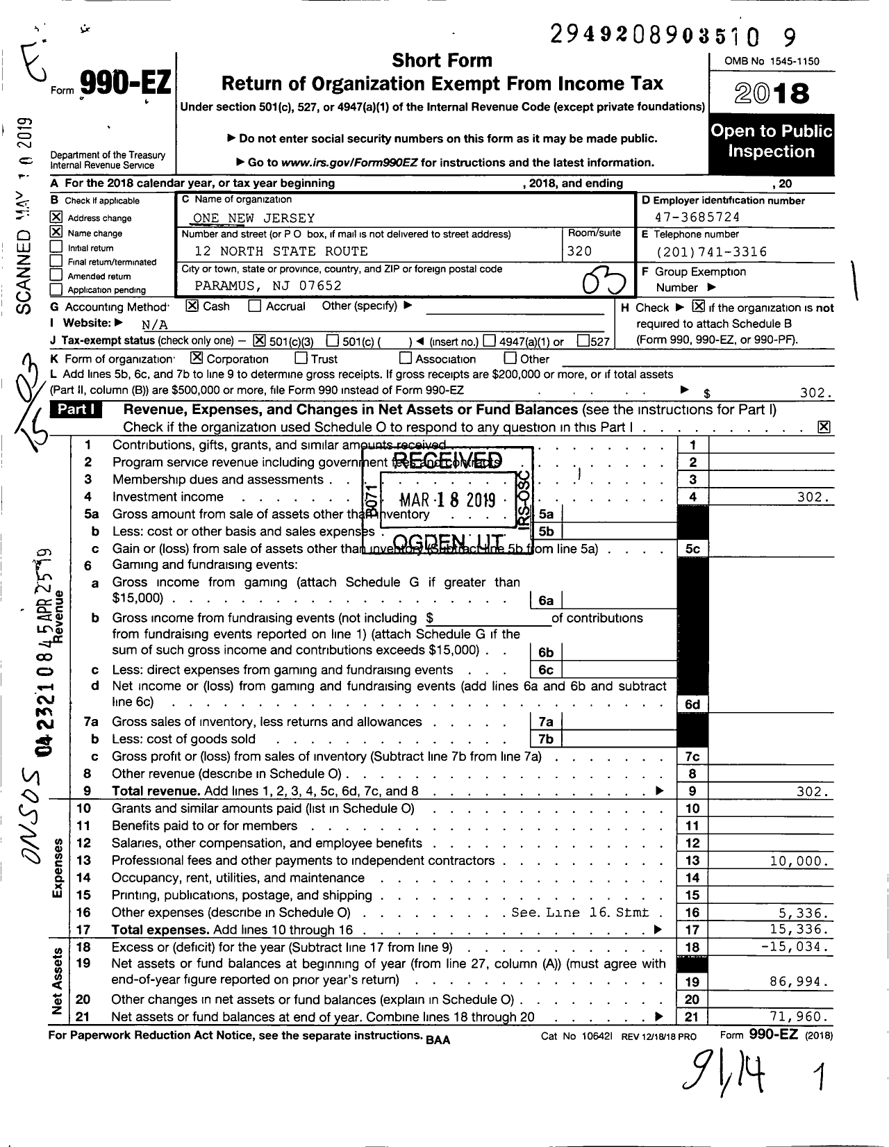 Image of first page of 2018 Form 990EZ for One New Jersey