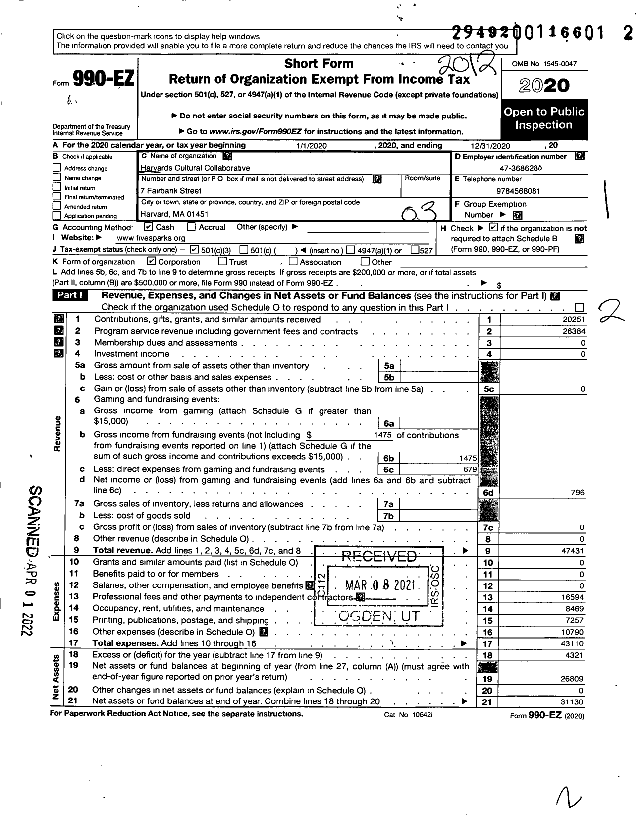 Image of first page of 2020 Form 990EZ for Harvards Cultural Collaborative