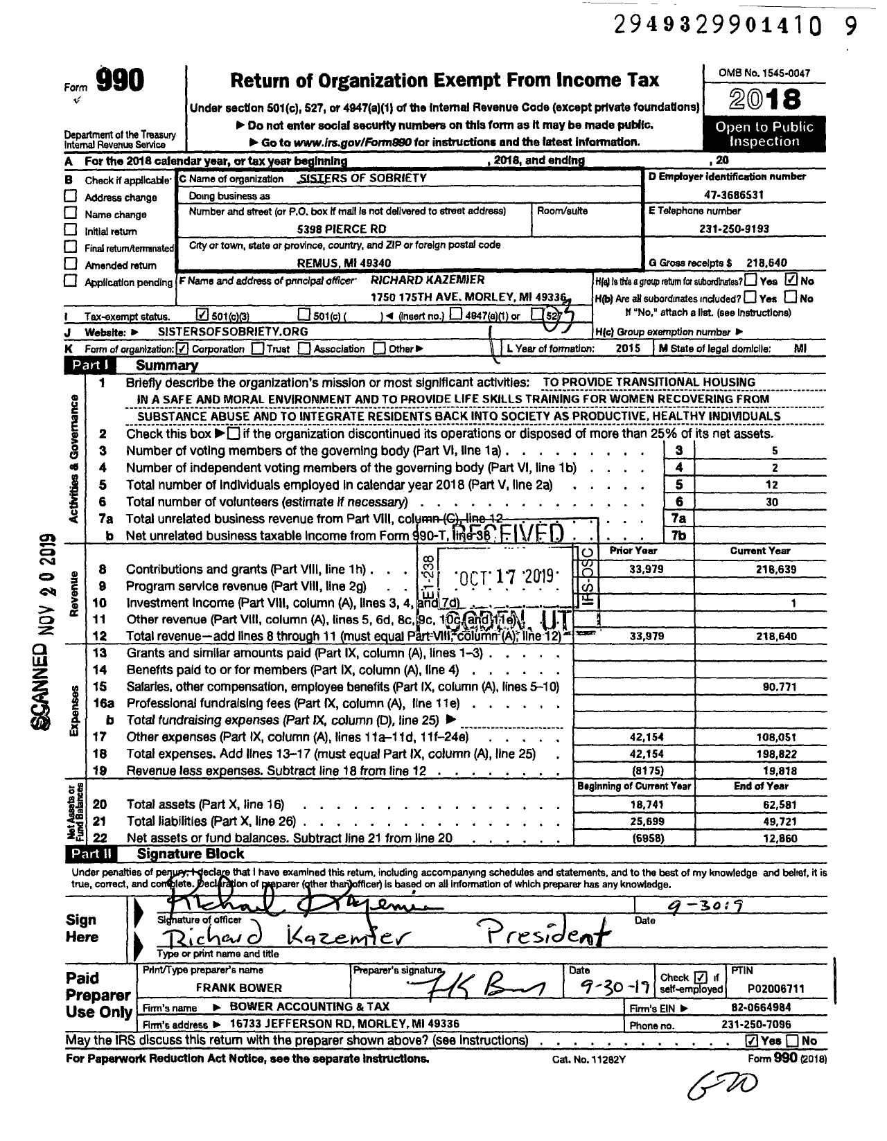 Image of first page of 2018 Form 990 for Sisters of Sobriety Kazemier