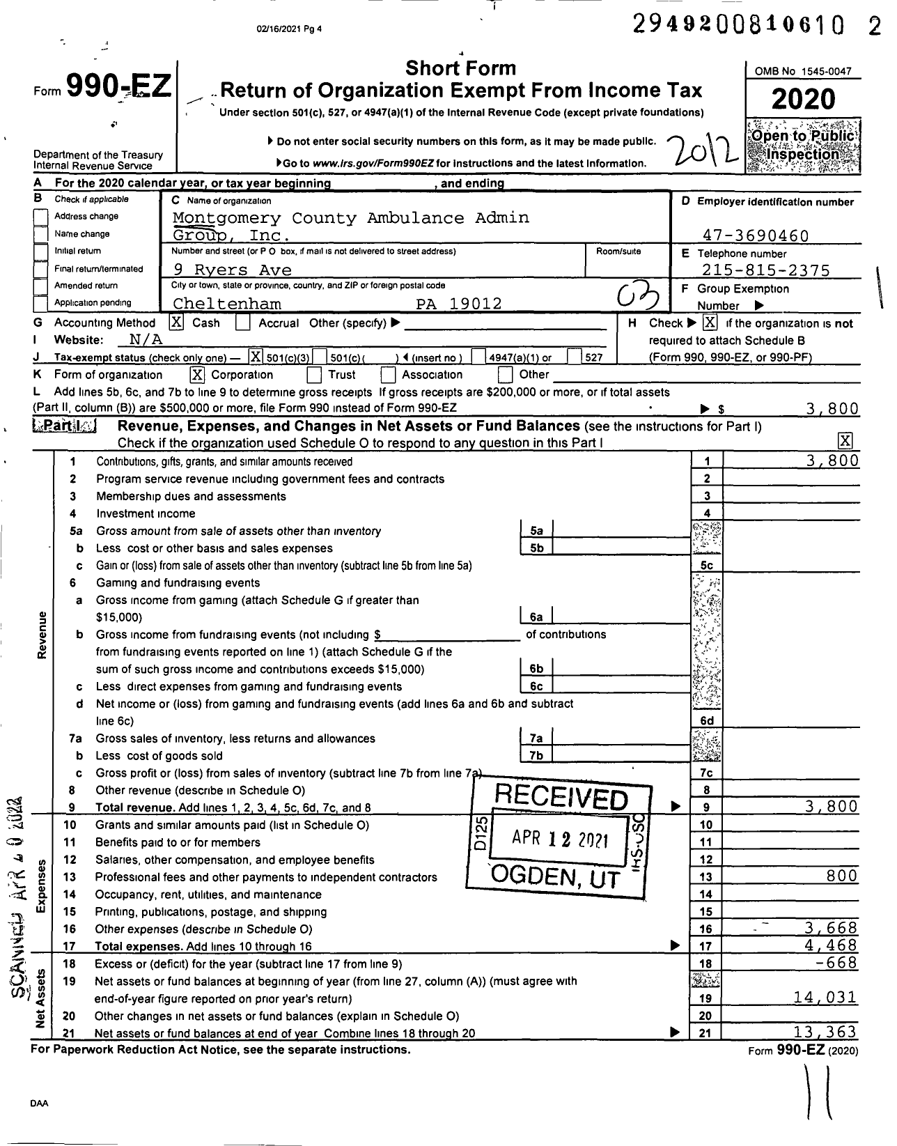 Image of first page of 2020 Form 990EZ for Montgomery County Ambulance Admin Group
