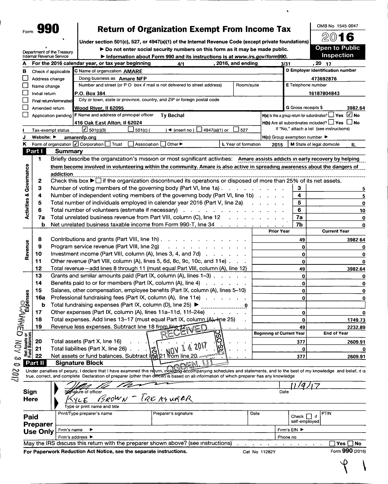 Image of first page of 2016 Form 990 for Amare NFP