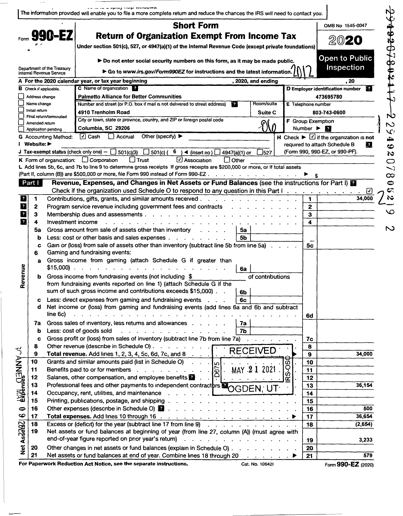 Image of first page of 2020 Form 990EO for Palmetto Alliance for Better Communities