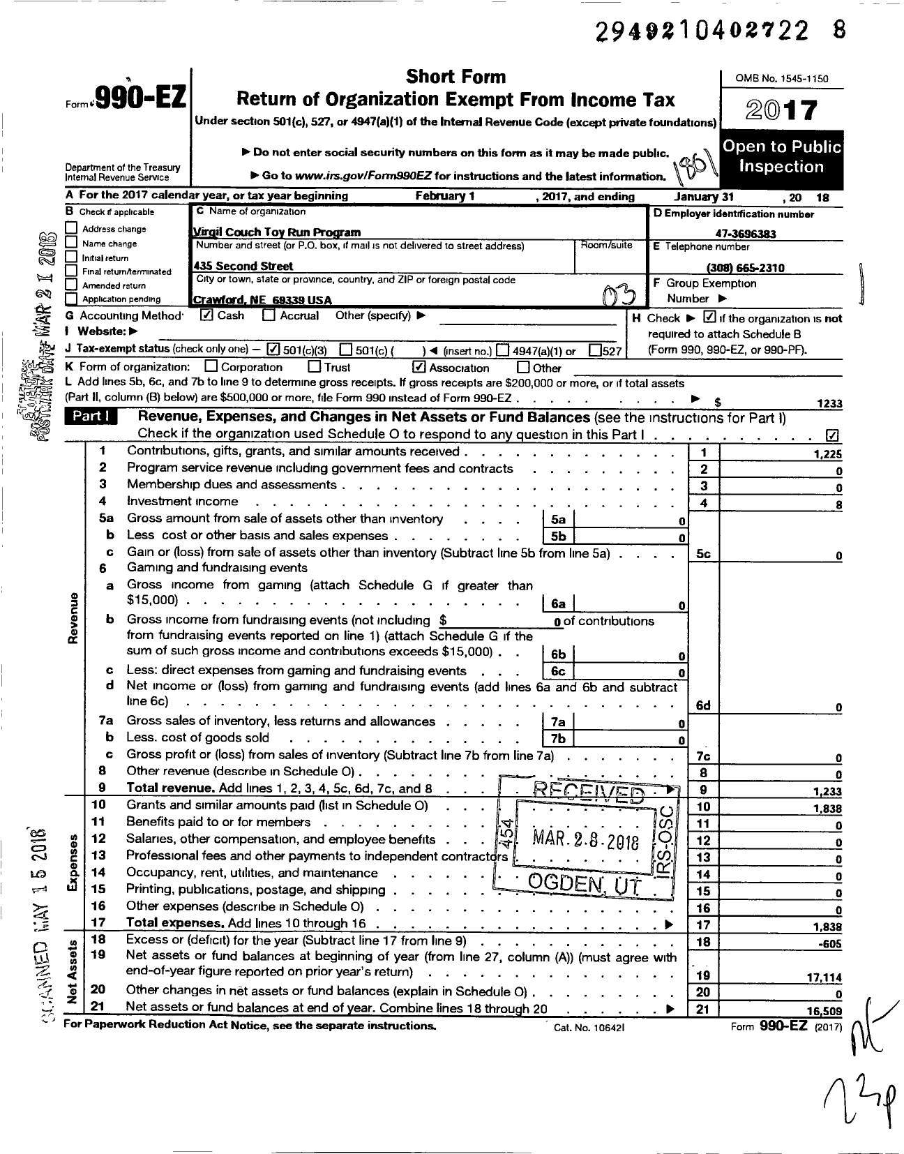 Image of first page of 2017 Form 990EZ for Virgil Couch Toy Run Program