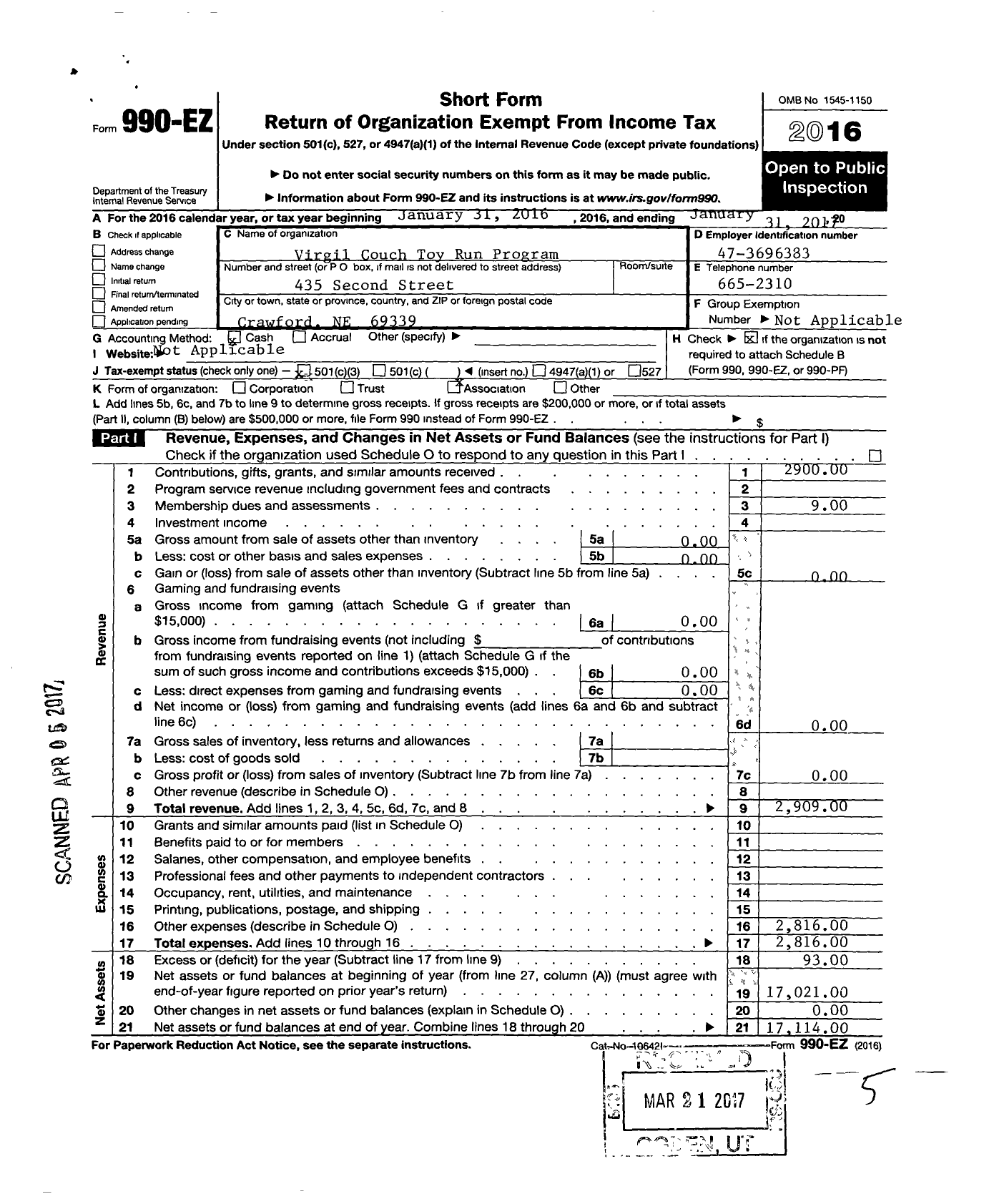 Image of first page of 2016 Form 990EZ for Virgil Couch Toy Run Program