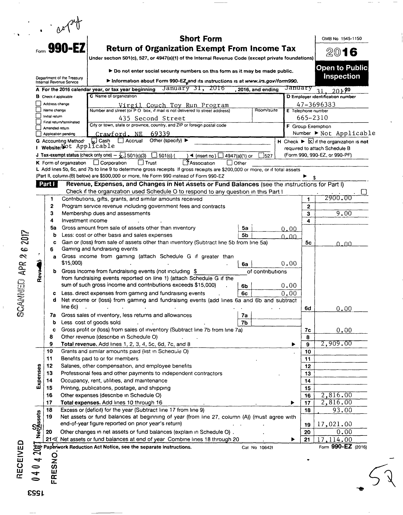 Image of first page of 2016 Form 990EZ for Virgil Couch Toy Run Program