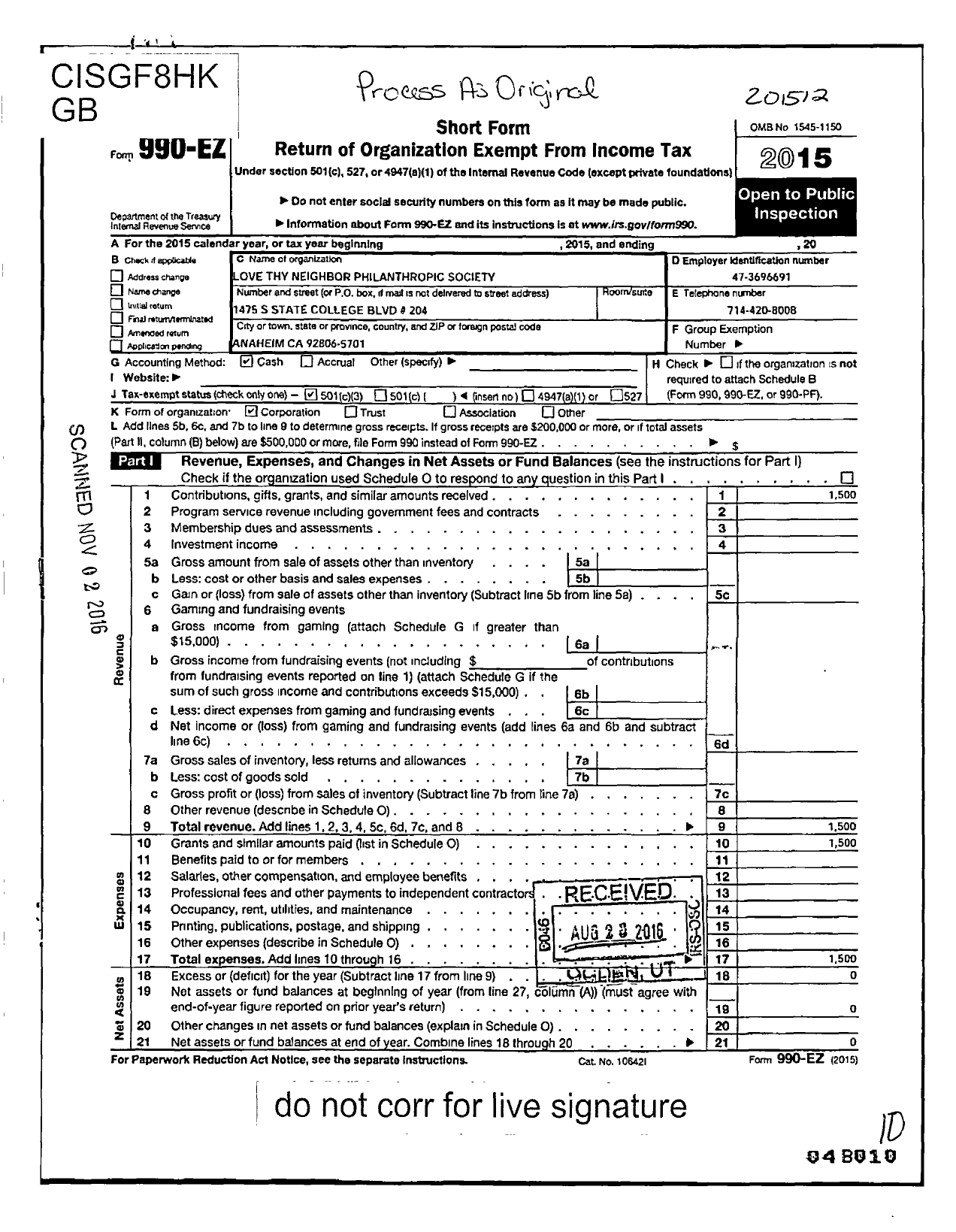 Image of first page of 2015 Form 990EZ for Love Thy Neighbor Philanthropic Society