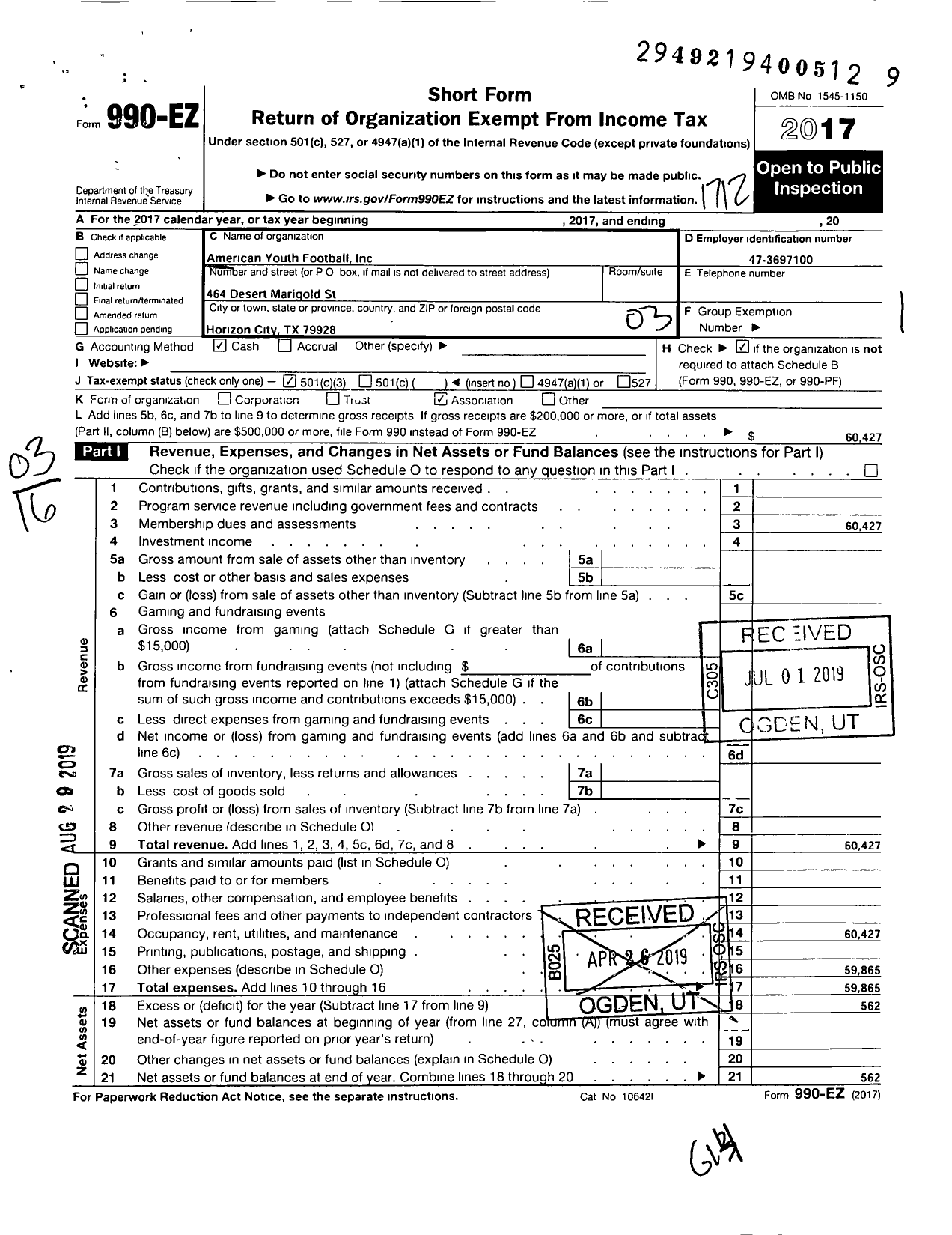 Image of first page of 2017 Form 990EZ for American Youth Football