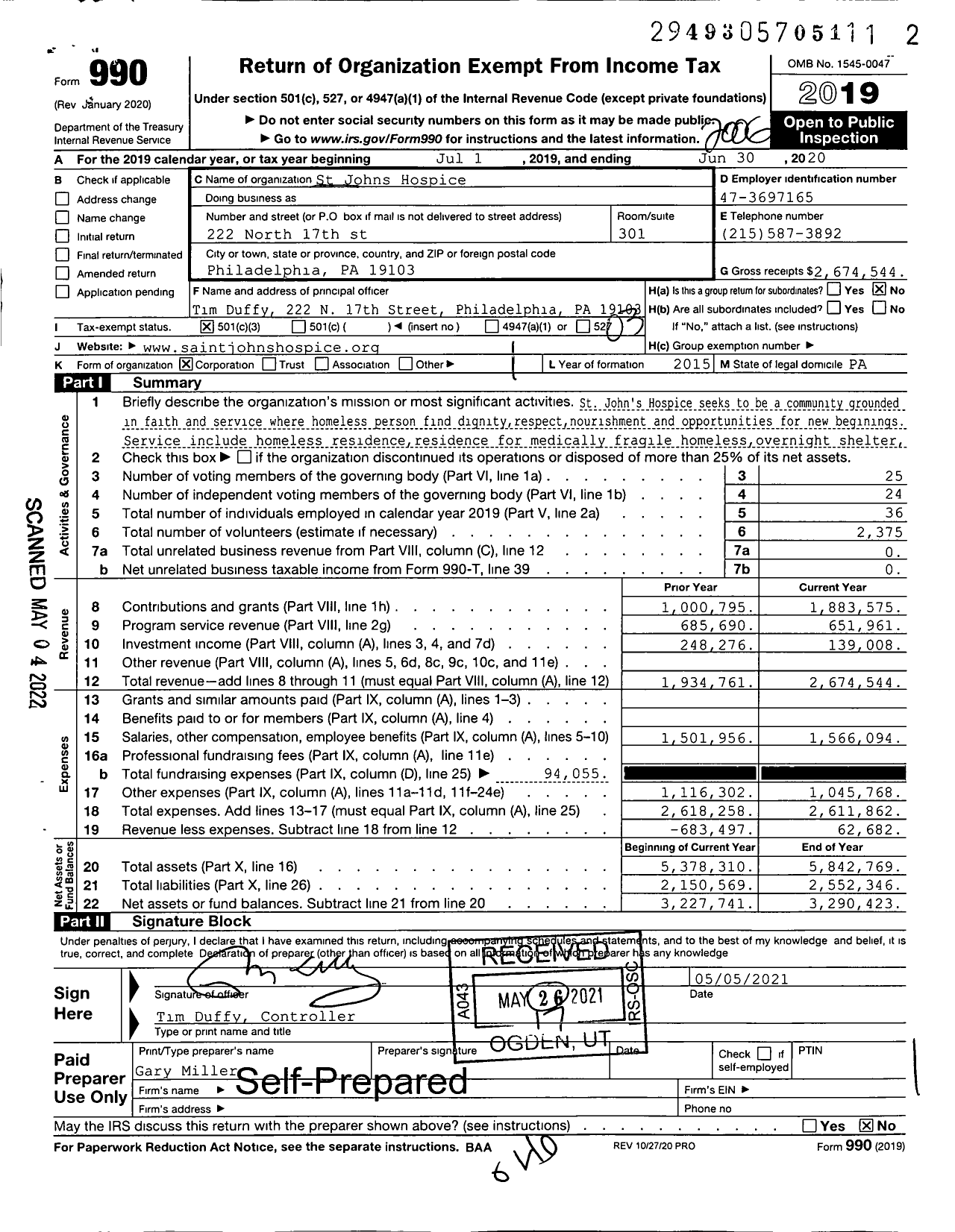 Image of first page of 2019 Form 990 for St Johns Hospice