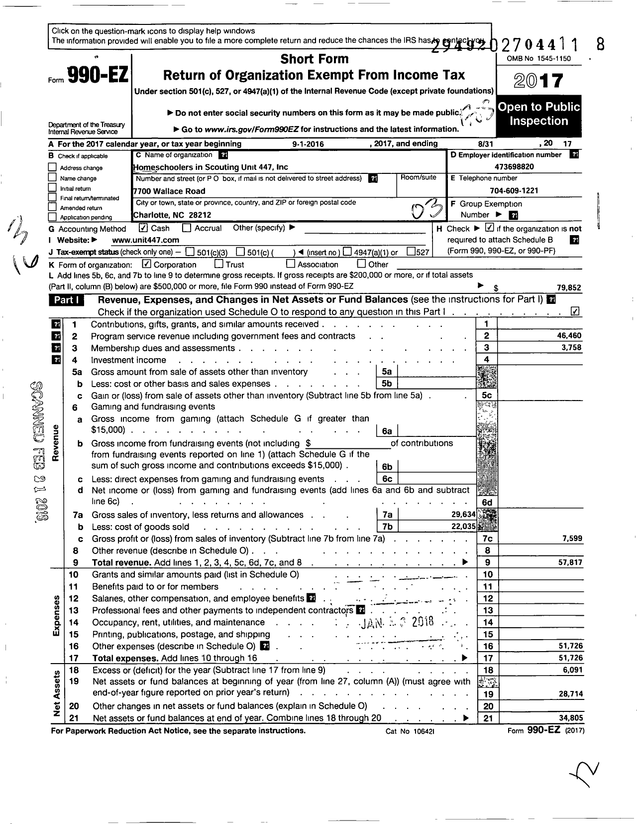 Image of first page of 2016 Form 990EZ for Homeschoolers in Scouting Unit 447