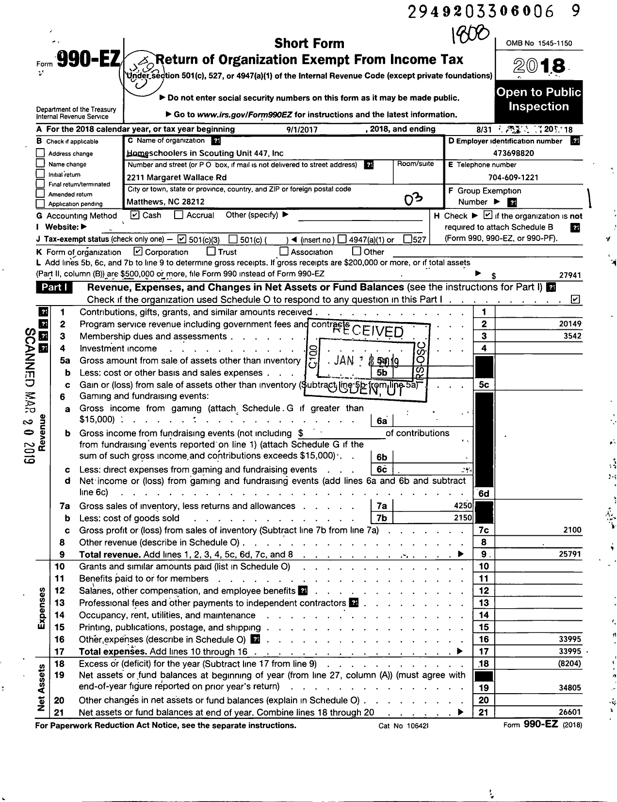 Image of first page of 2017 Form 990EZ for Homeschoolers in Scouting Unit 447