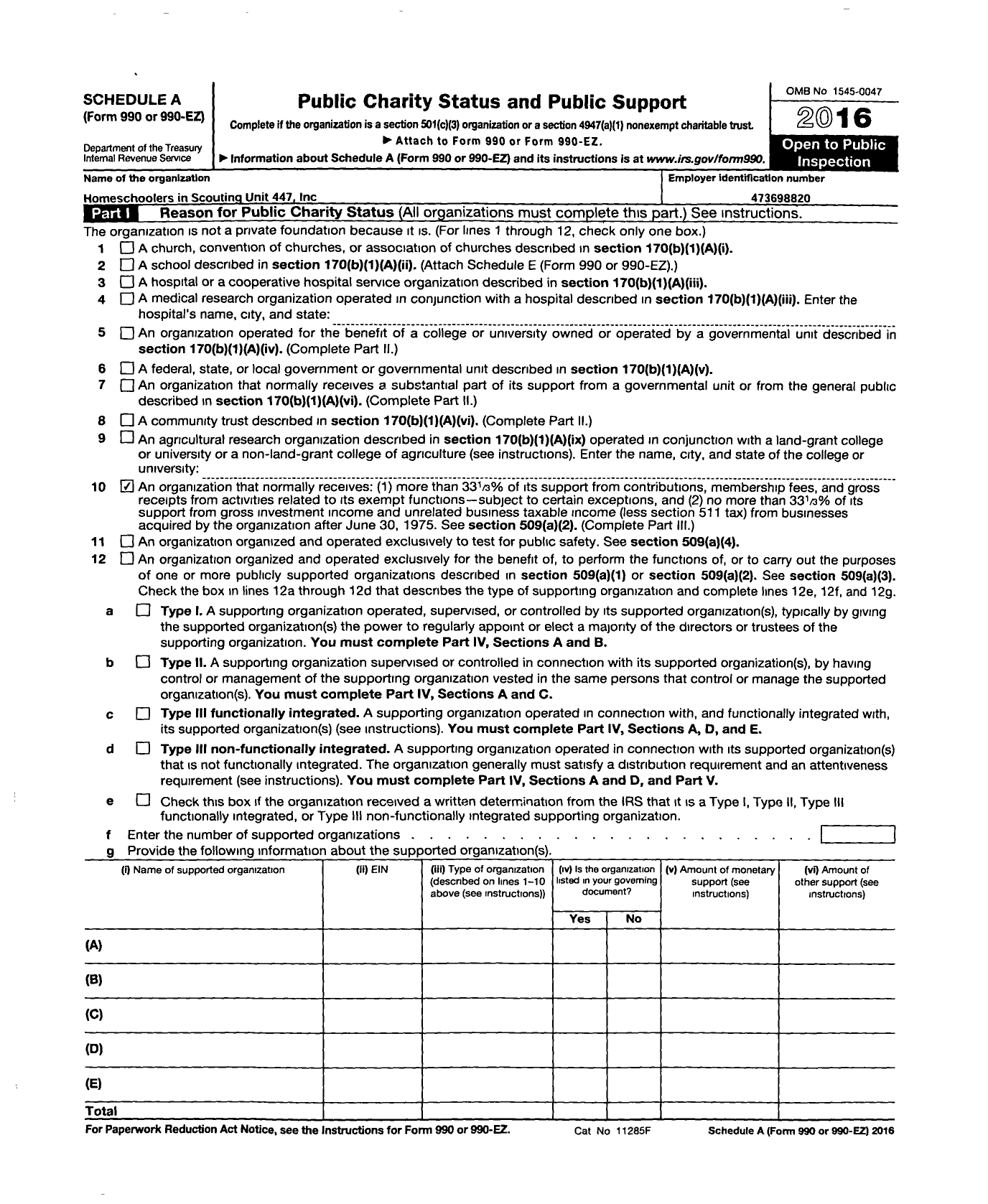 Image of first page of 2015 Form 990EZ for Homeschoolers in Scouting Unit 447