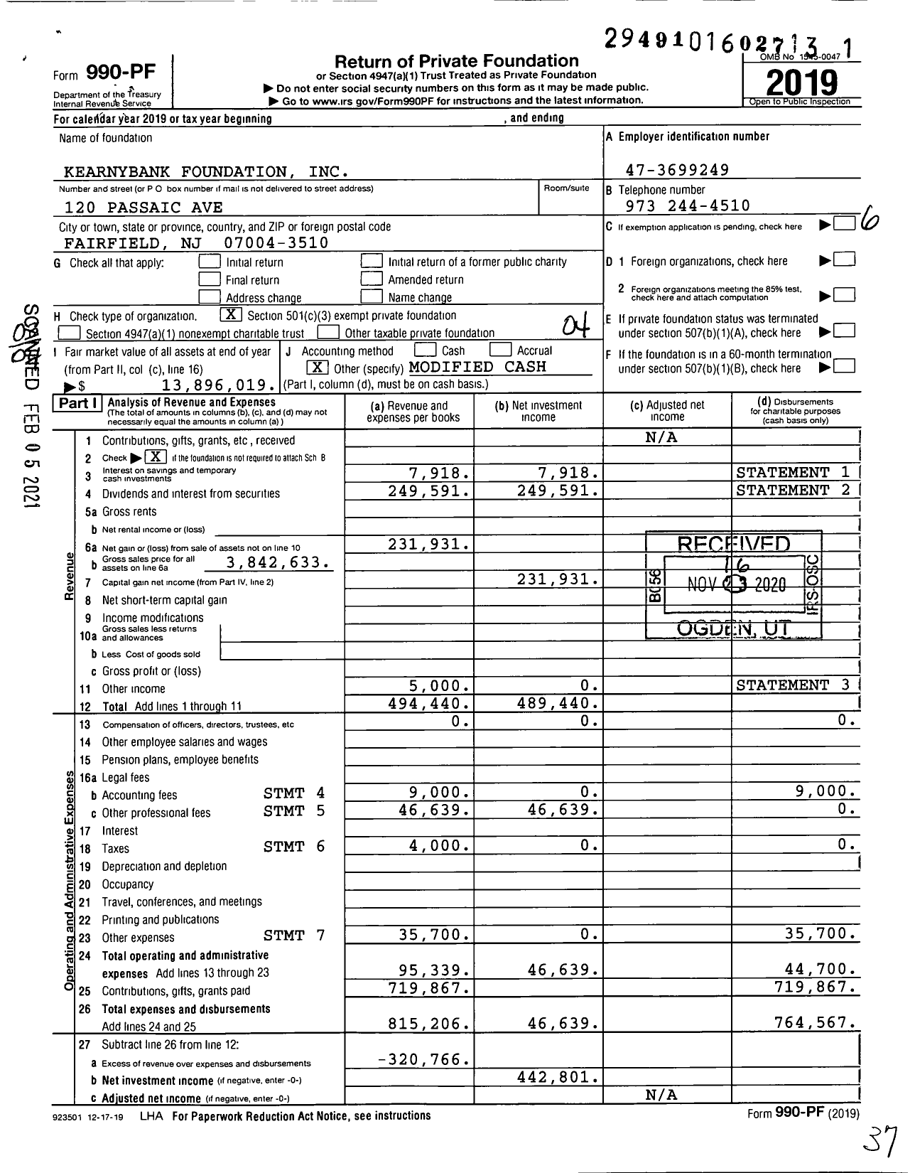 Image of first page of 2019 Form 990PF for Kearnybank Foundation