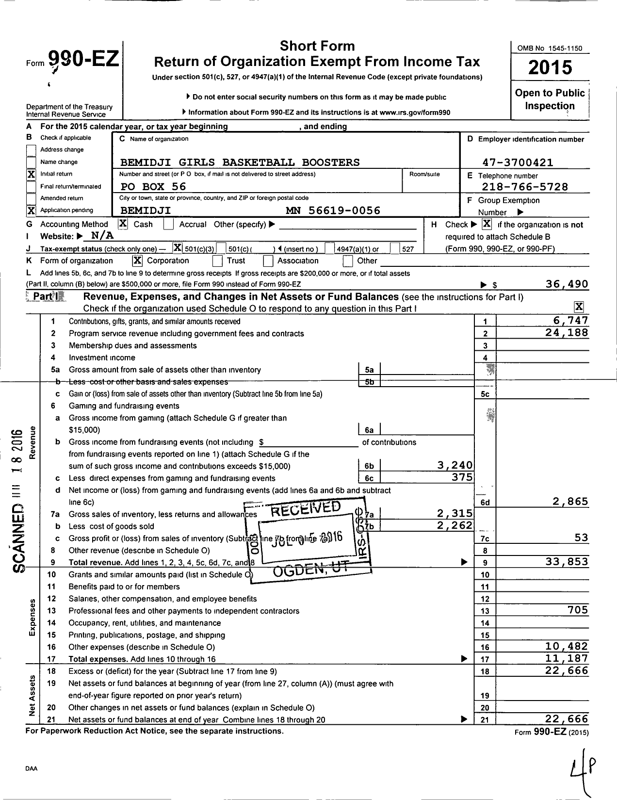 Image of first page of 2015 Form 990EZ for Bemidji Girls Basketball Boosters