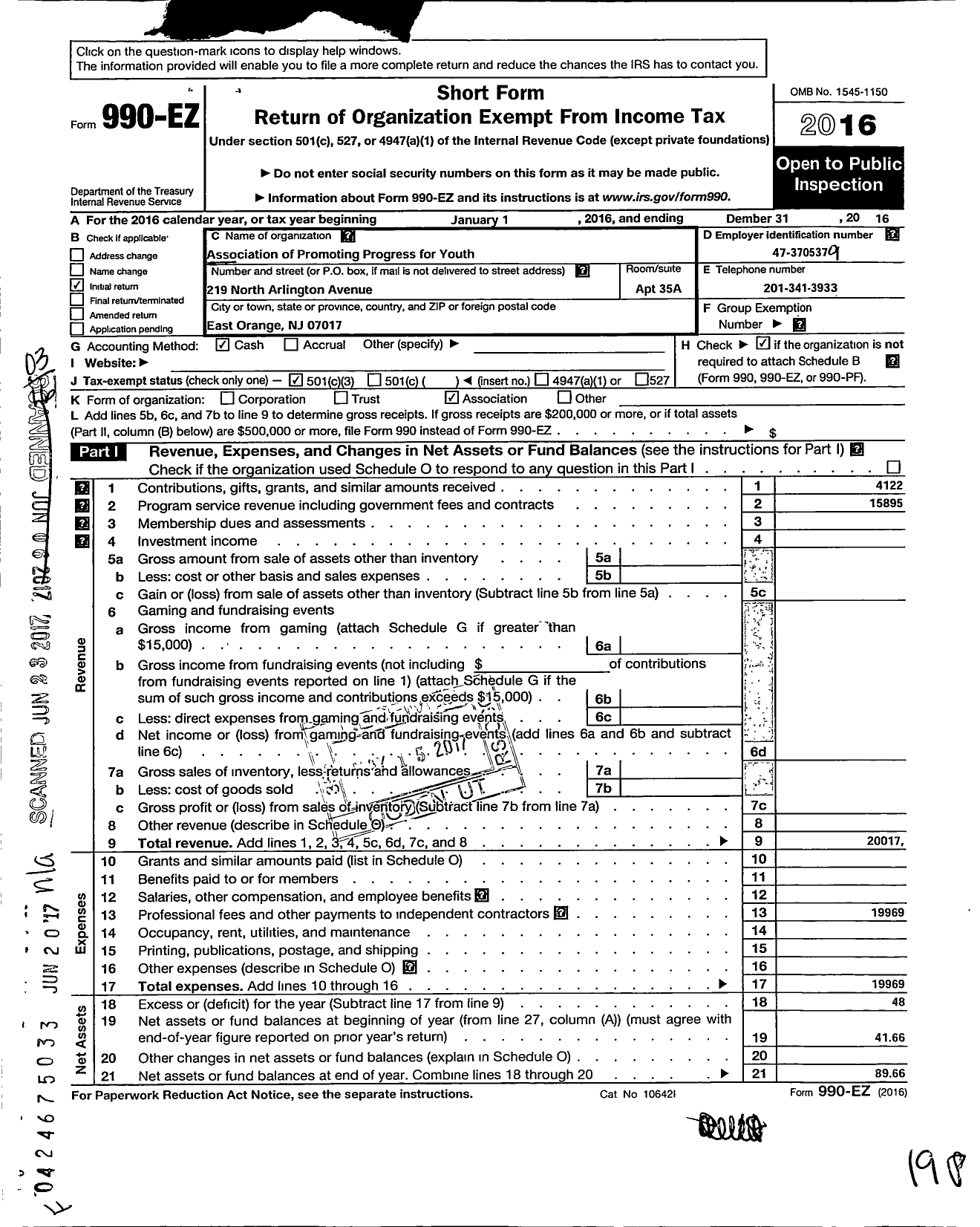 Image of first page of 2016 Form 990EZ for Association of Promoting Progress for Youth