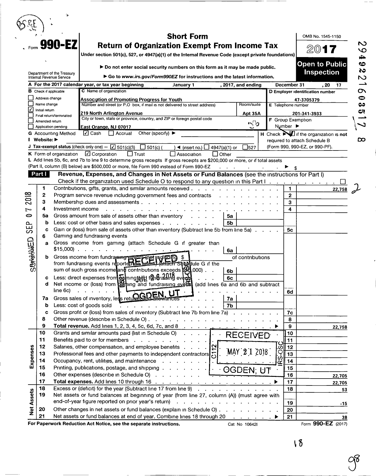 Image of first page of 2017 Form 990EZ for Association of Promoting Progress for Youth