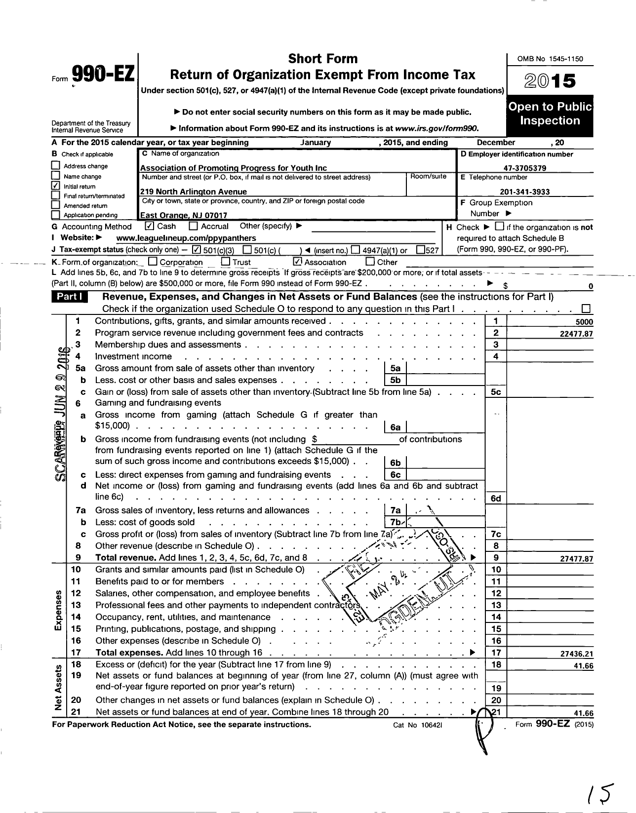 Image of first page of 2015 Form 990EZ for Association of Promoting Progress for Youth