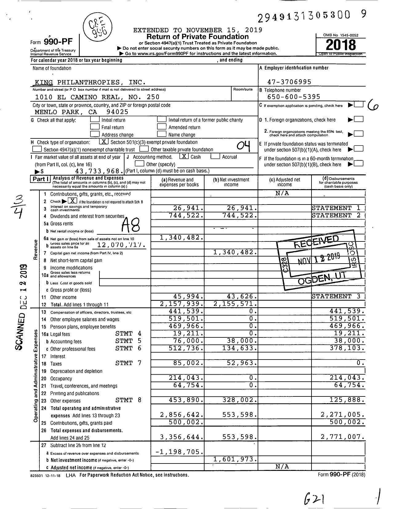 Image of first page of 2018 Form 990PF for King Philanthropies