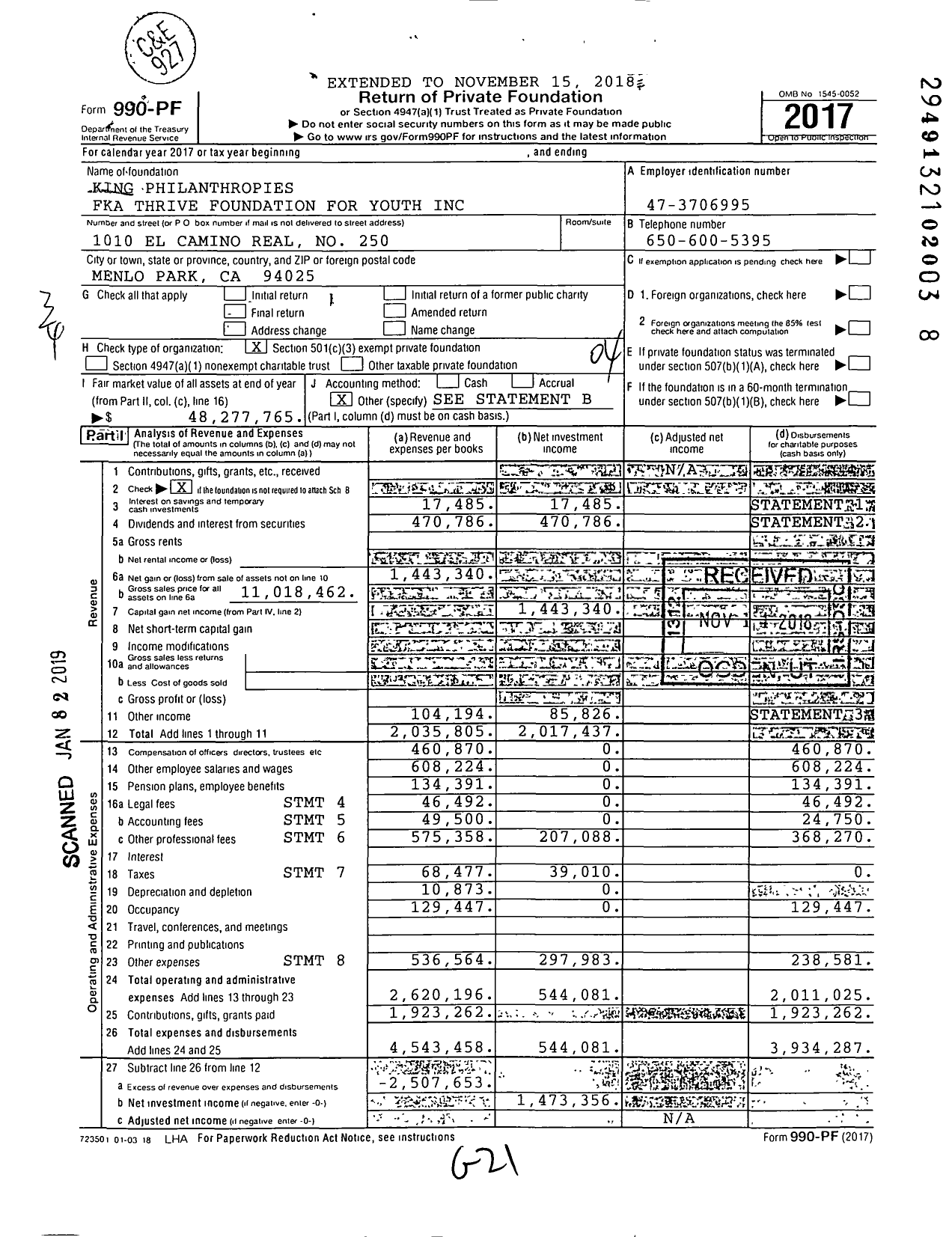 Image of first page of 2017 Form 990PF for King Philanthropies