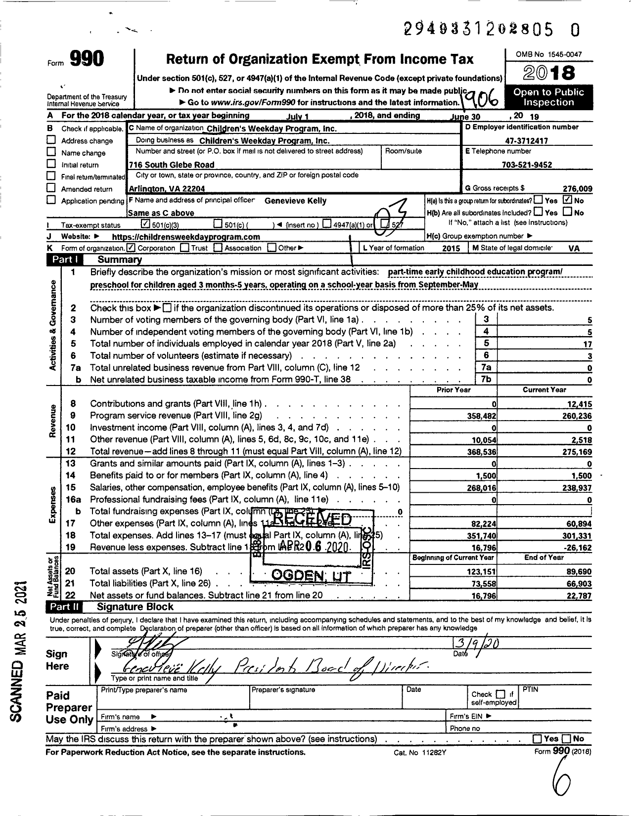 Image of first page of 2018 Form 990 for Childrens Weekday Program