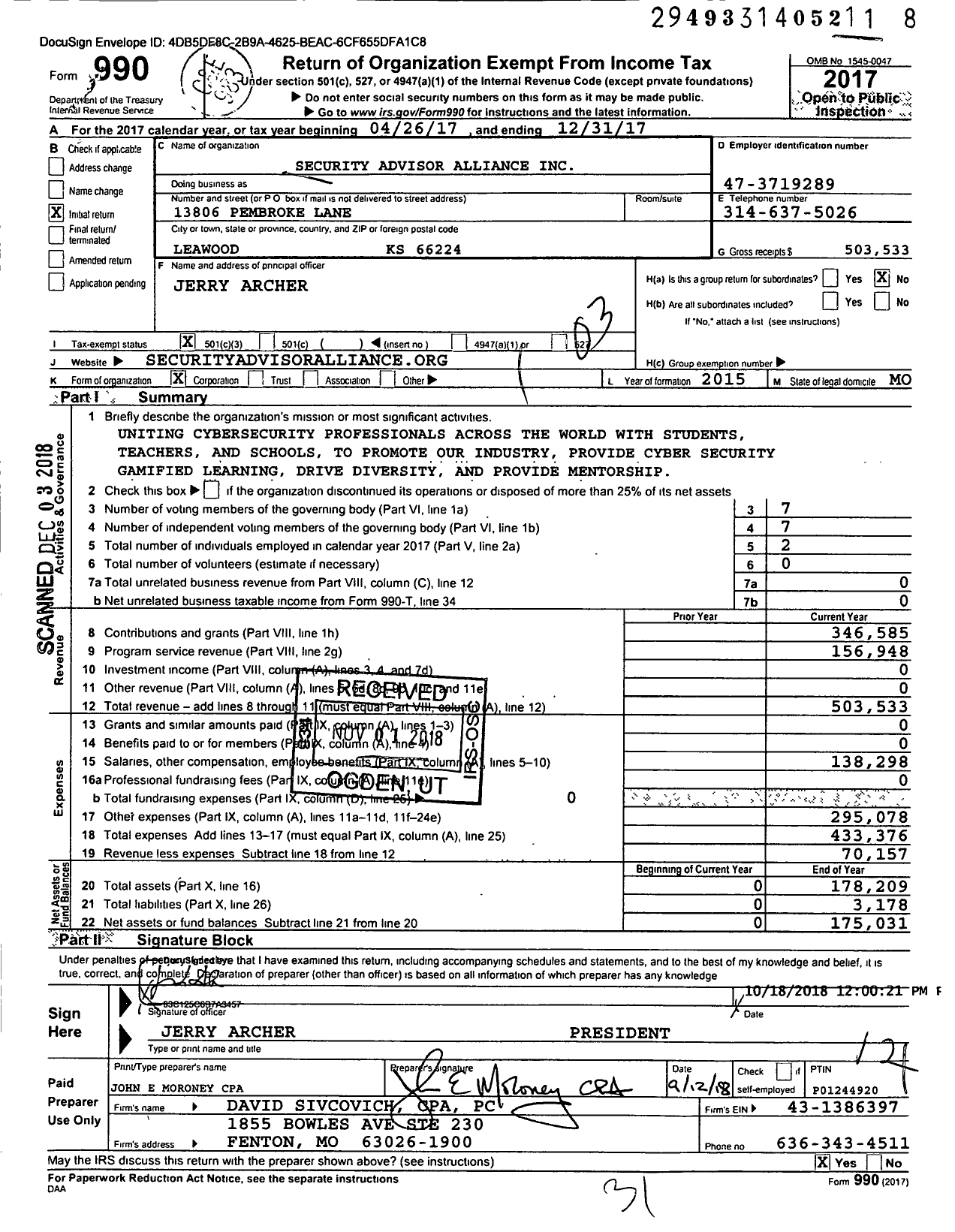 Image of first page of 2017 Form 990 for Security Advisor Alliance