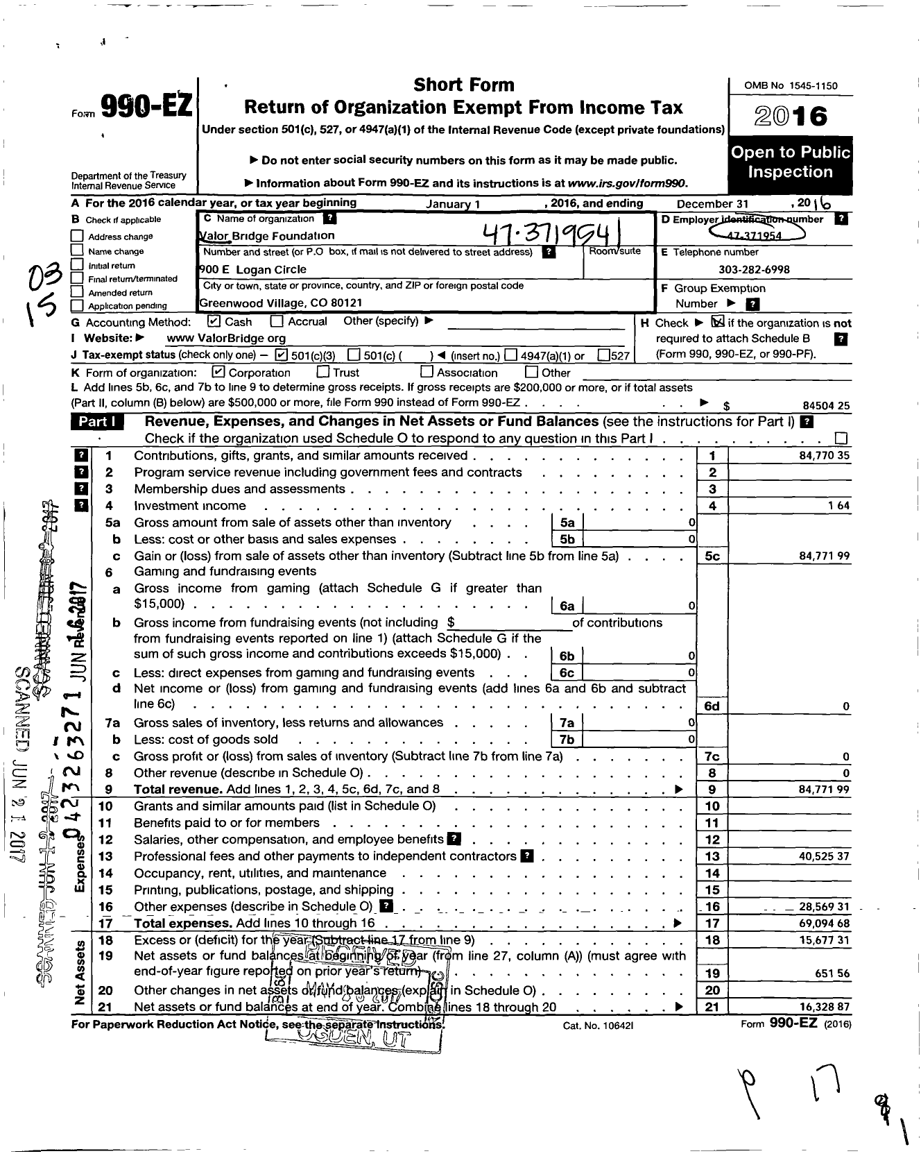 Image of first page of 2016 Form 990EZ for Valor Bridge Foundation