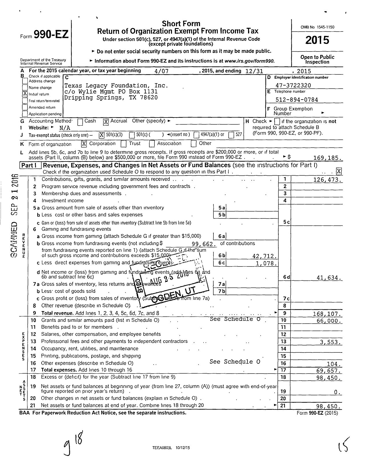 Image of first page of 2015 Form 990EZ for Texas Legacy Foundation