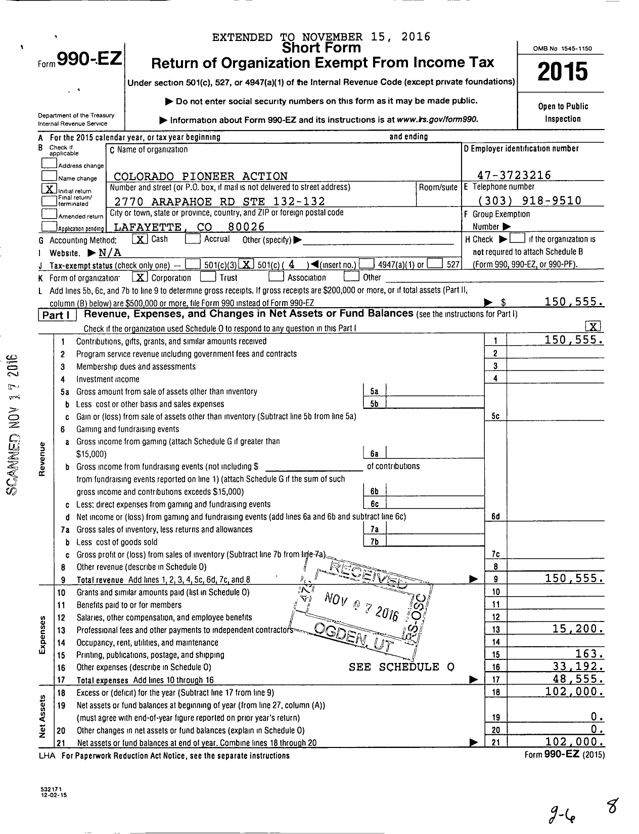 Image of first page of 2015 Form 990EO for Colorado Pioneer Action