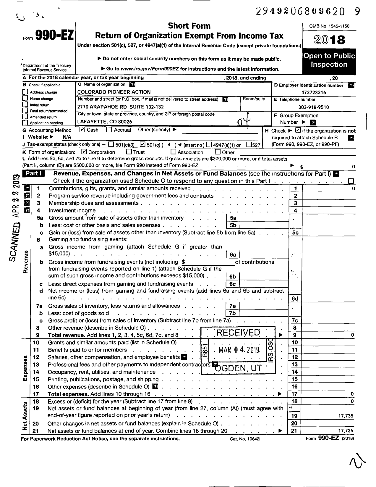 Image of first page of 2018 Form 990EO for Colorado Pioneer Action