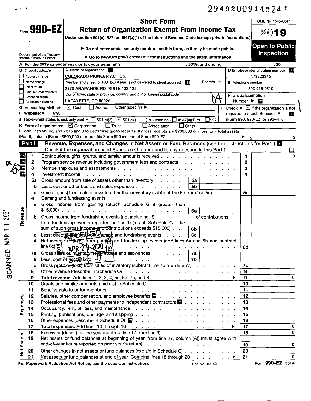 Image of first page of 2019 Form 990EO for Colorado Pioneer Action