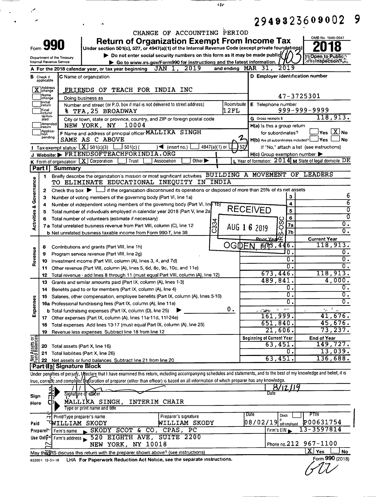 Image of first page of 2018 Form 990 for Teach for India Us