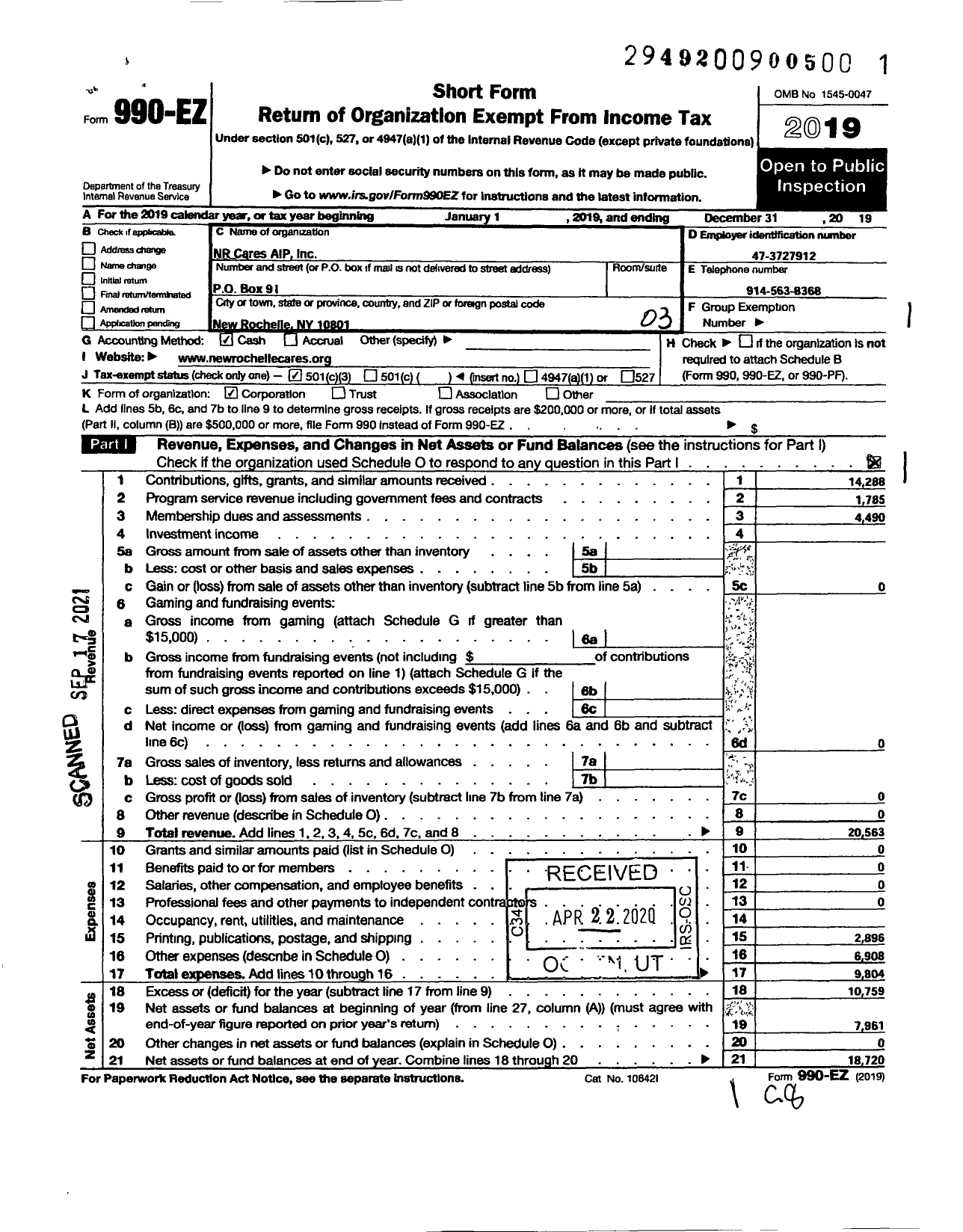 Image of first page of 2019 Form 990EZ for NR Cares Aip