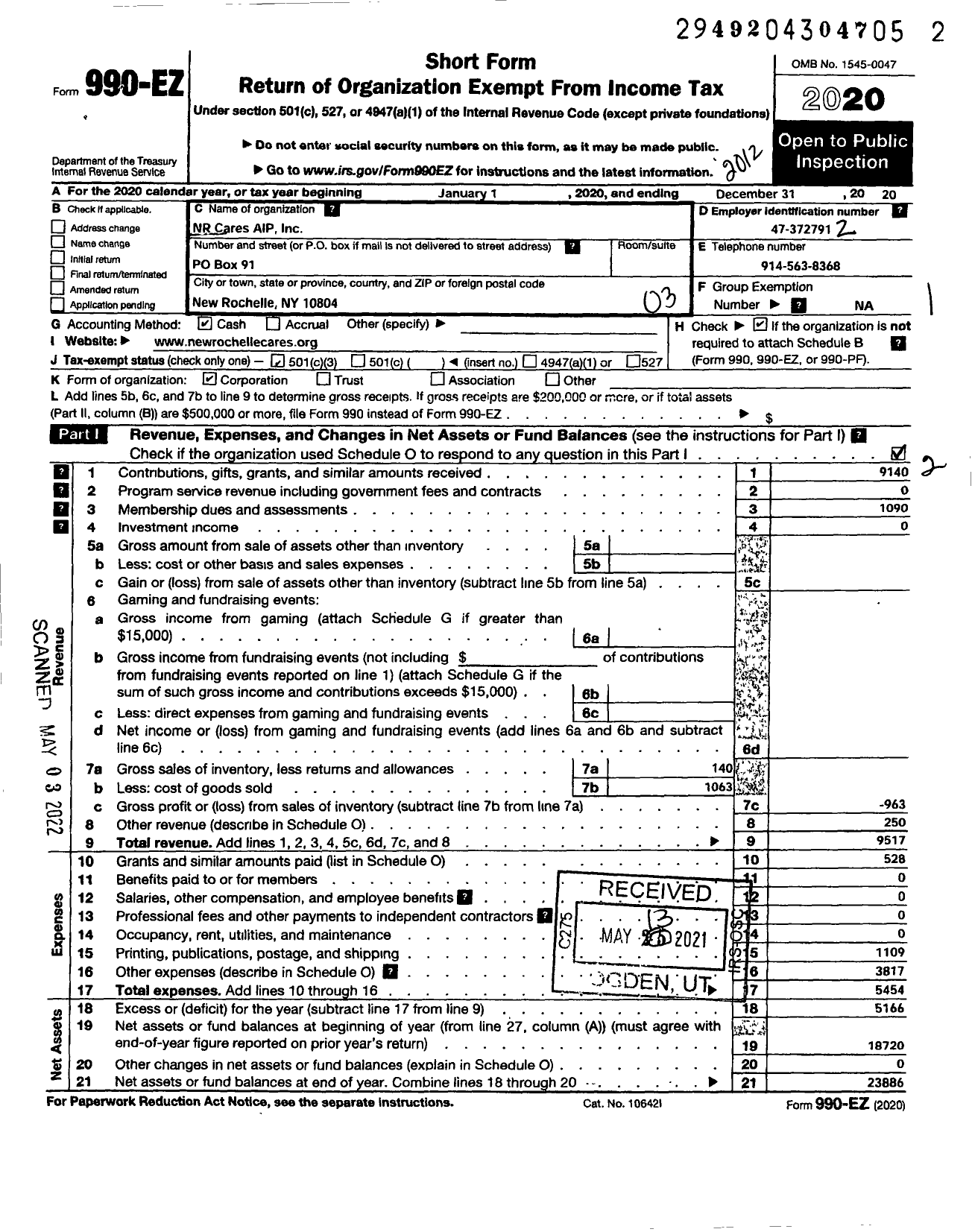 Image of first page of 2020 Form 990EZ for NR Cares Aip