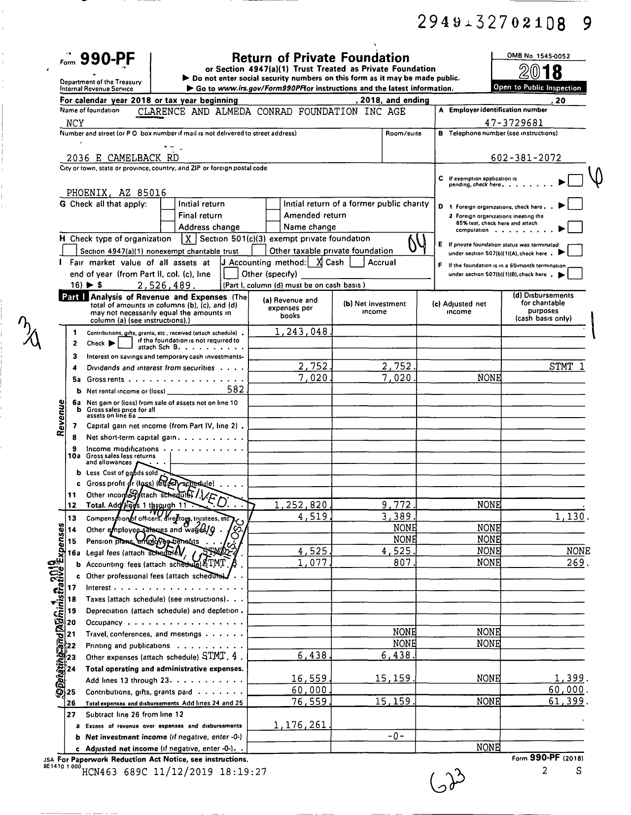 Image of first page of 2018 Form 990PF for Clarence and Almeda Conrad Foundation