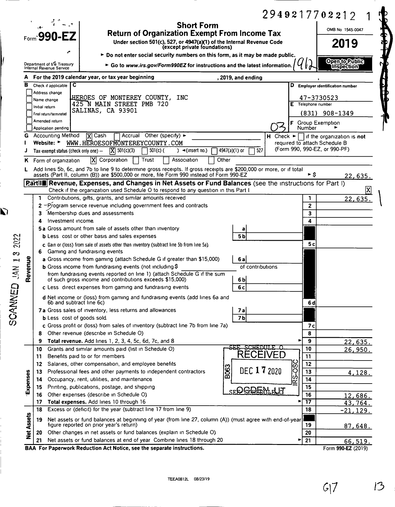 Image of first page of 2019 Form 990EZ for Heroes of Monterey County