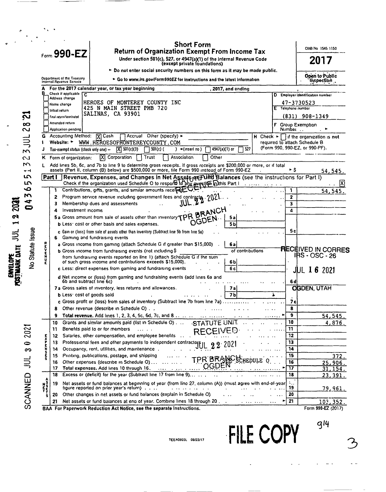 Image of first page of 2017 Form 990EA for Heroes of Monterey County