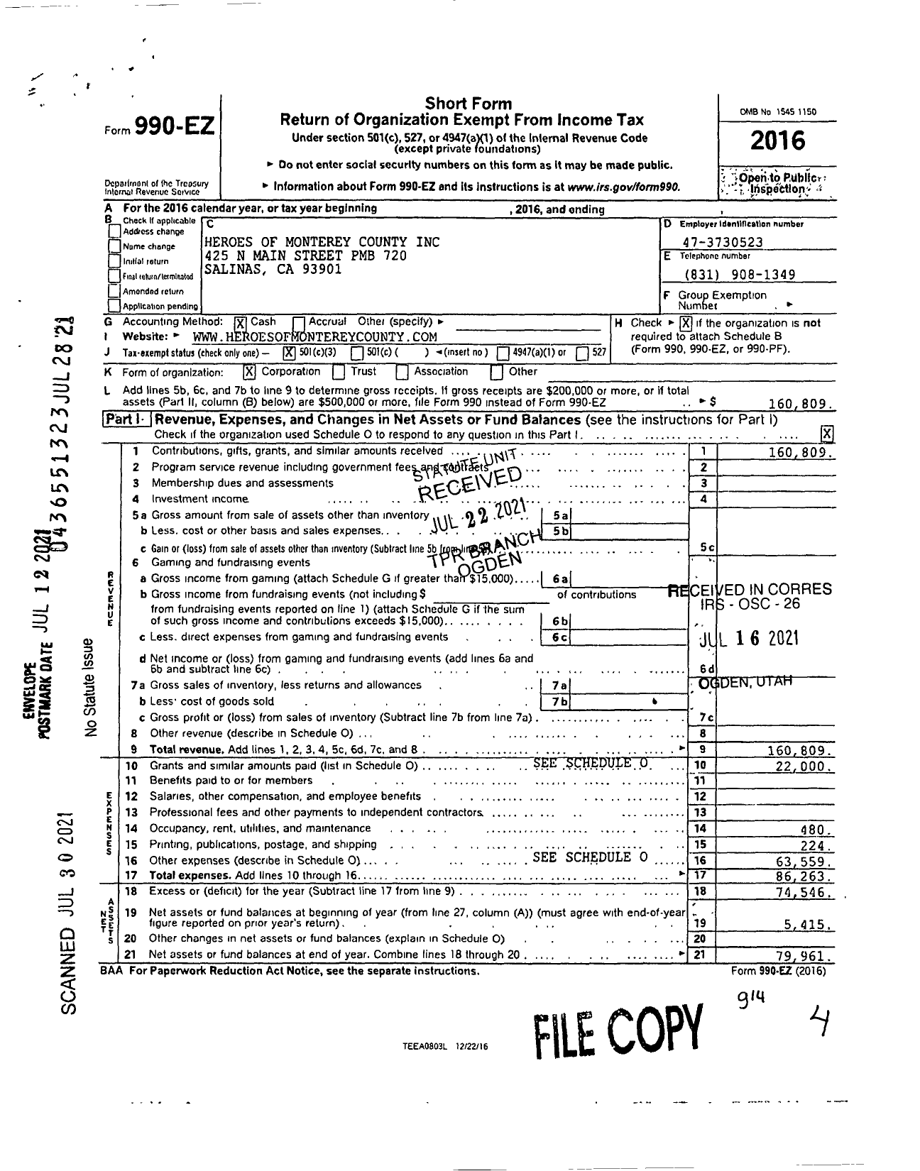 Image of first page of 2016 Form 990EA for Heroes of Monterey County