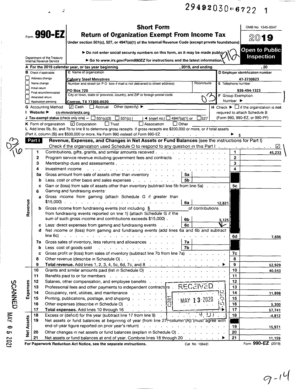 Image of first page of 2019 Form 990EZ for Calvary Steel Ministries