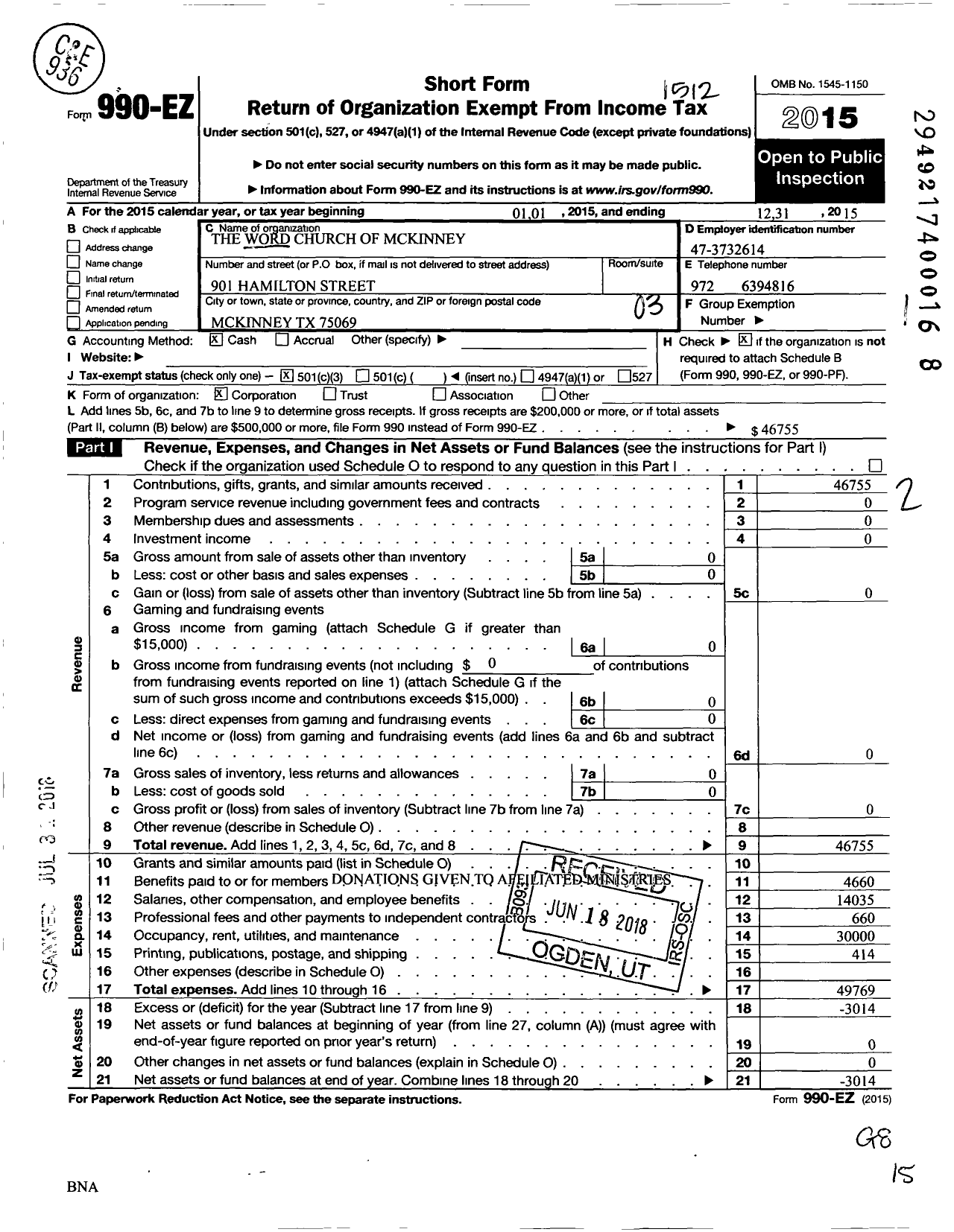 Image of first page of 2015 Form 990EZ for The Word Church of Mckinney