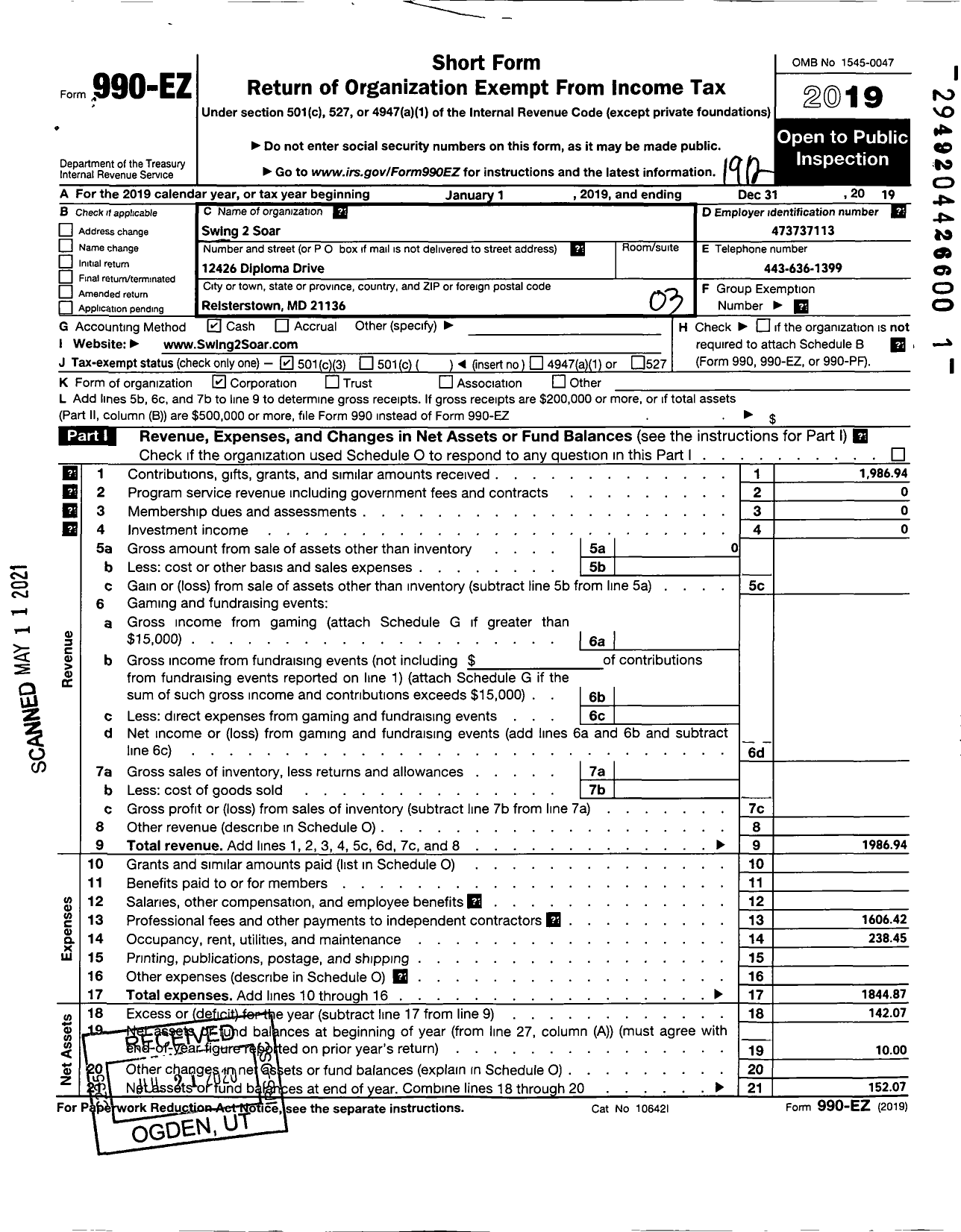 Image of first page of 2019 Form 990EZ for Swing 2 Soar