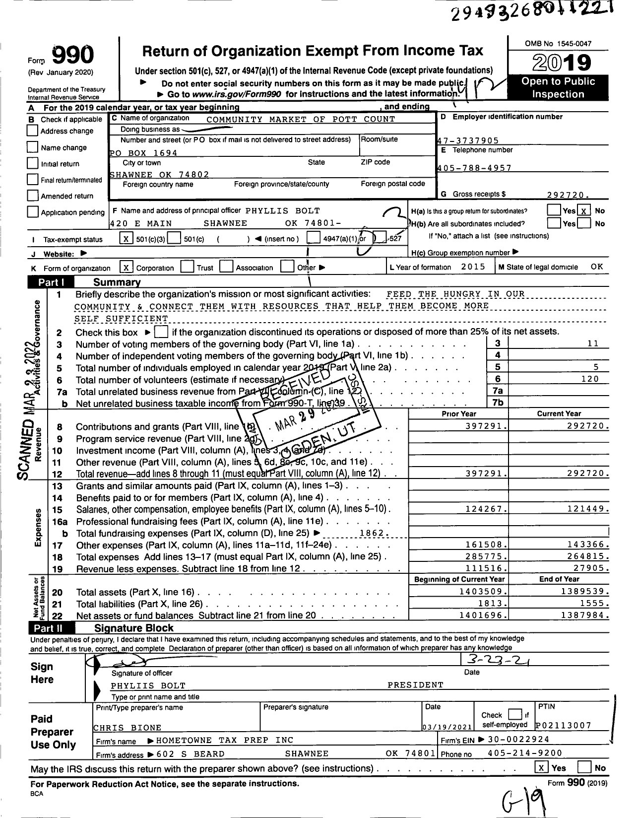 Image of first page of 2019 Form 990 for Community Market of Pott Count