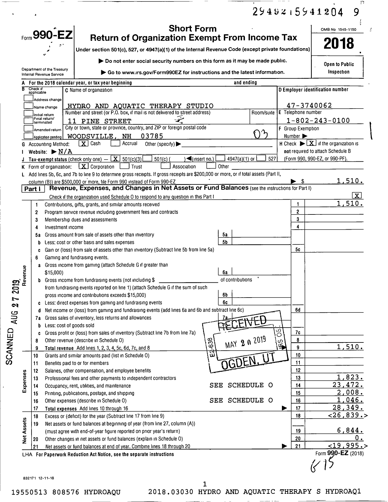 Image of first page of 2018 Form 990EZ for Hydro and Aquatic Therapy Studio