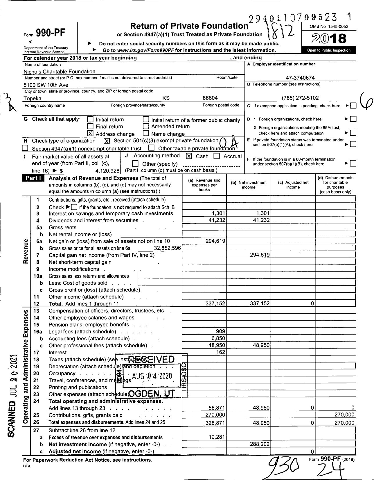 Image of first page of 2018 Form 990PF for Nichols Charitable Foundation