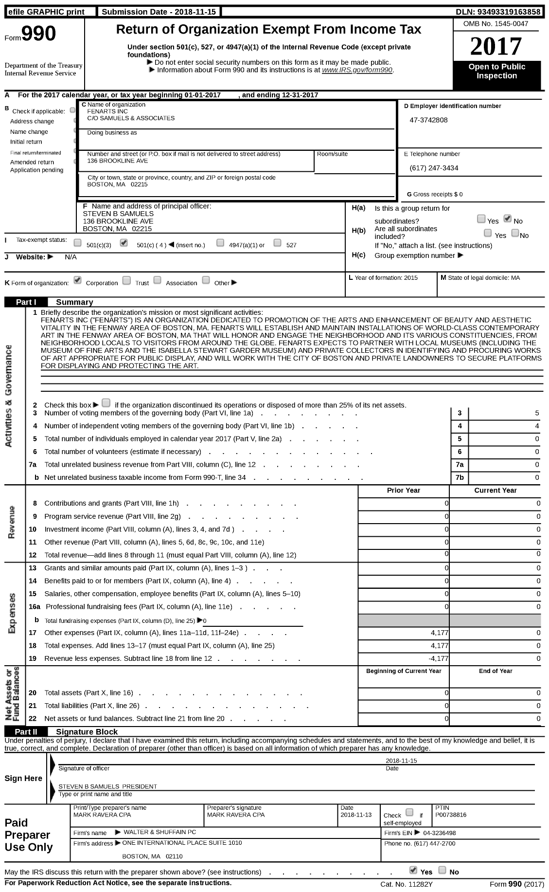 Image of first page of 2017 Form 990 for Fenarts