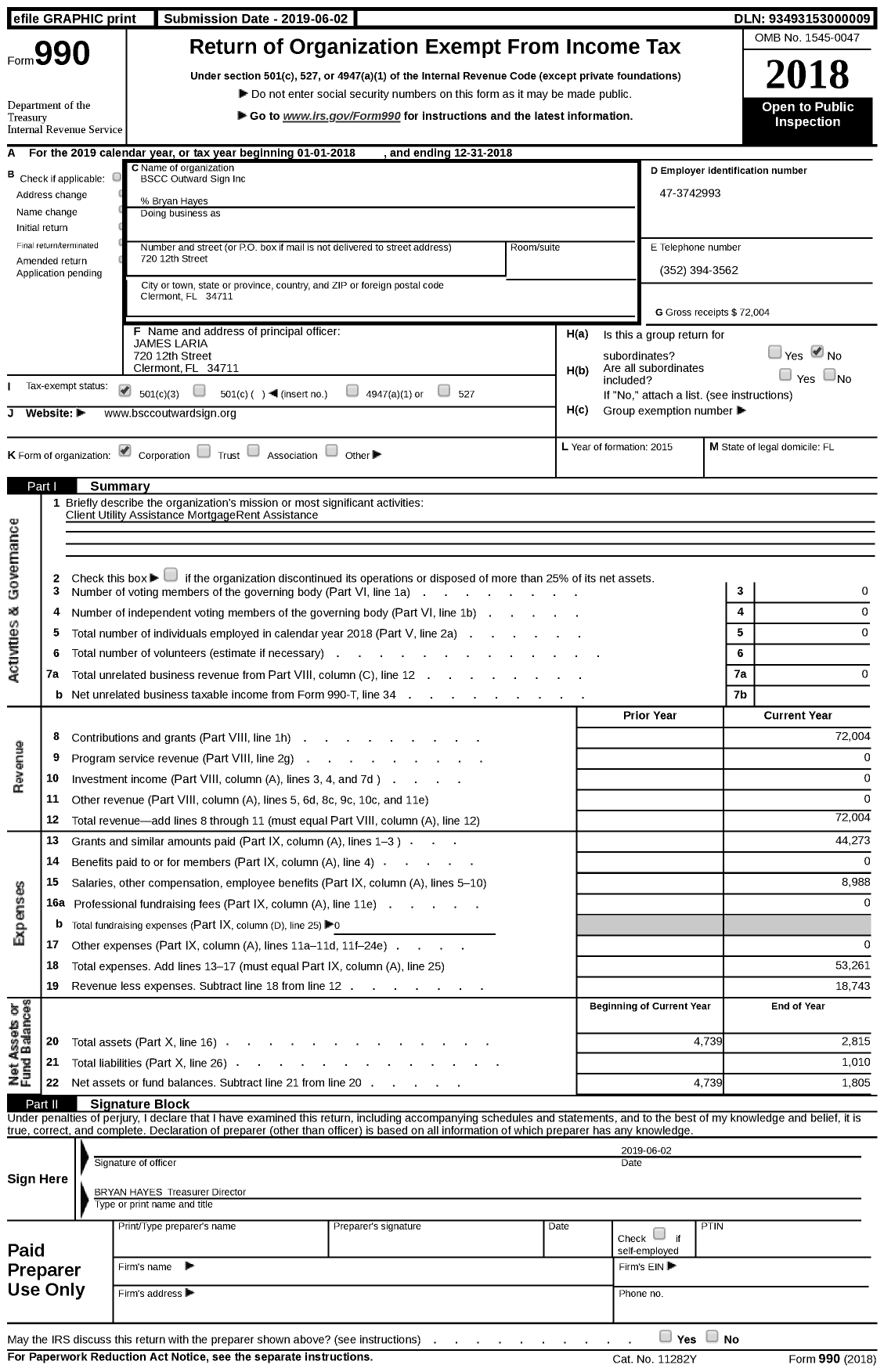 Image of first page of 2018 Form 990 for BSCC Outward Sign