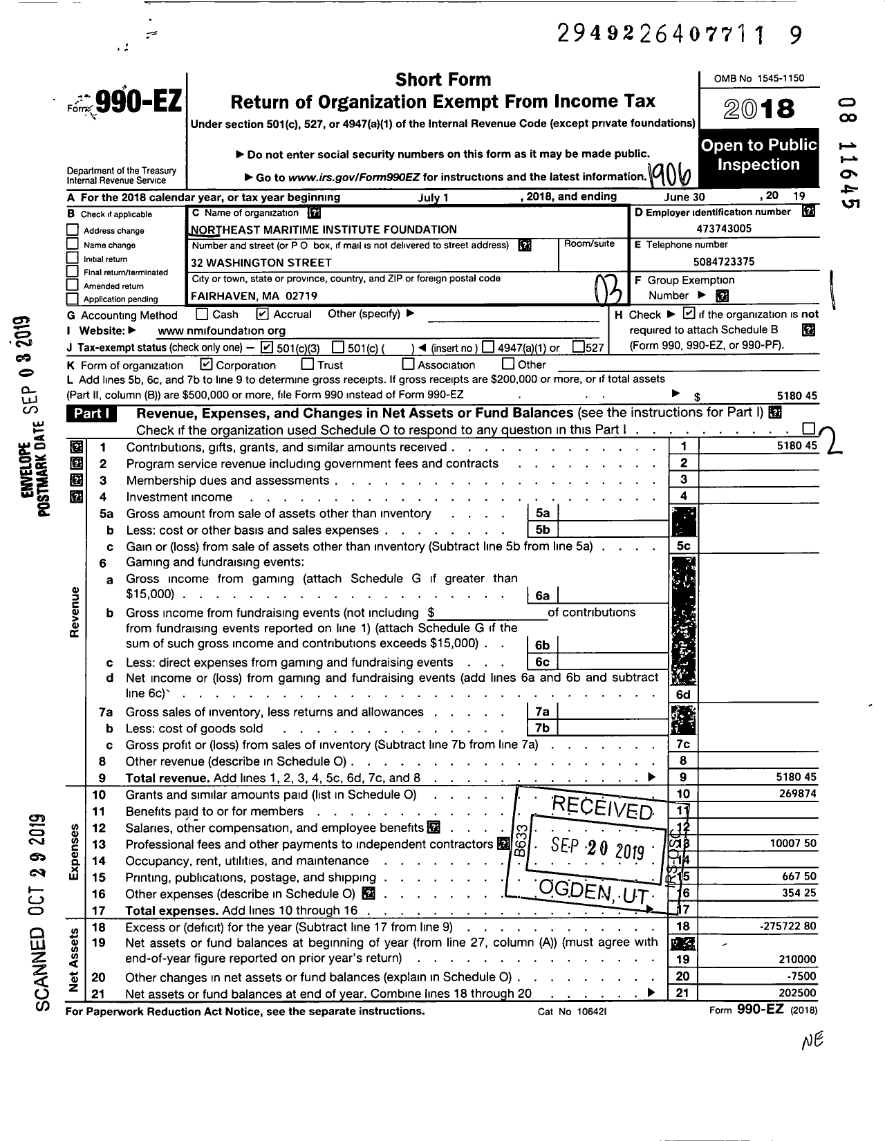 Image of first page of 2018 Form 990EZ for Northeast Maritime Institute Foundation